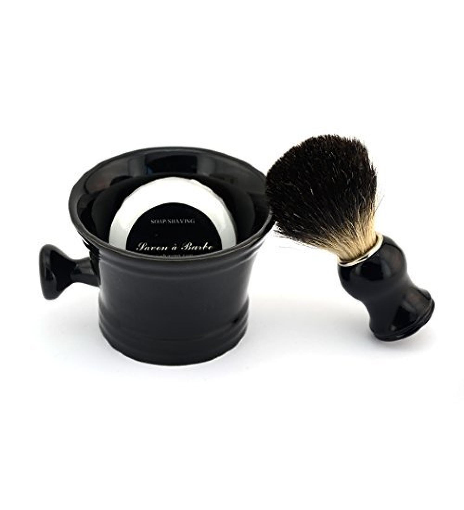 Ceramic Shaving Soap Bowl Kit For Men, Pure Badger Shaving Brush, Shaving Cream Soap, Wide Mouth, Ceramic Black Shaving Soap Bowl/Mug with Knob Handle