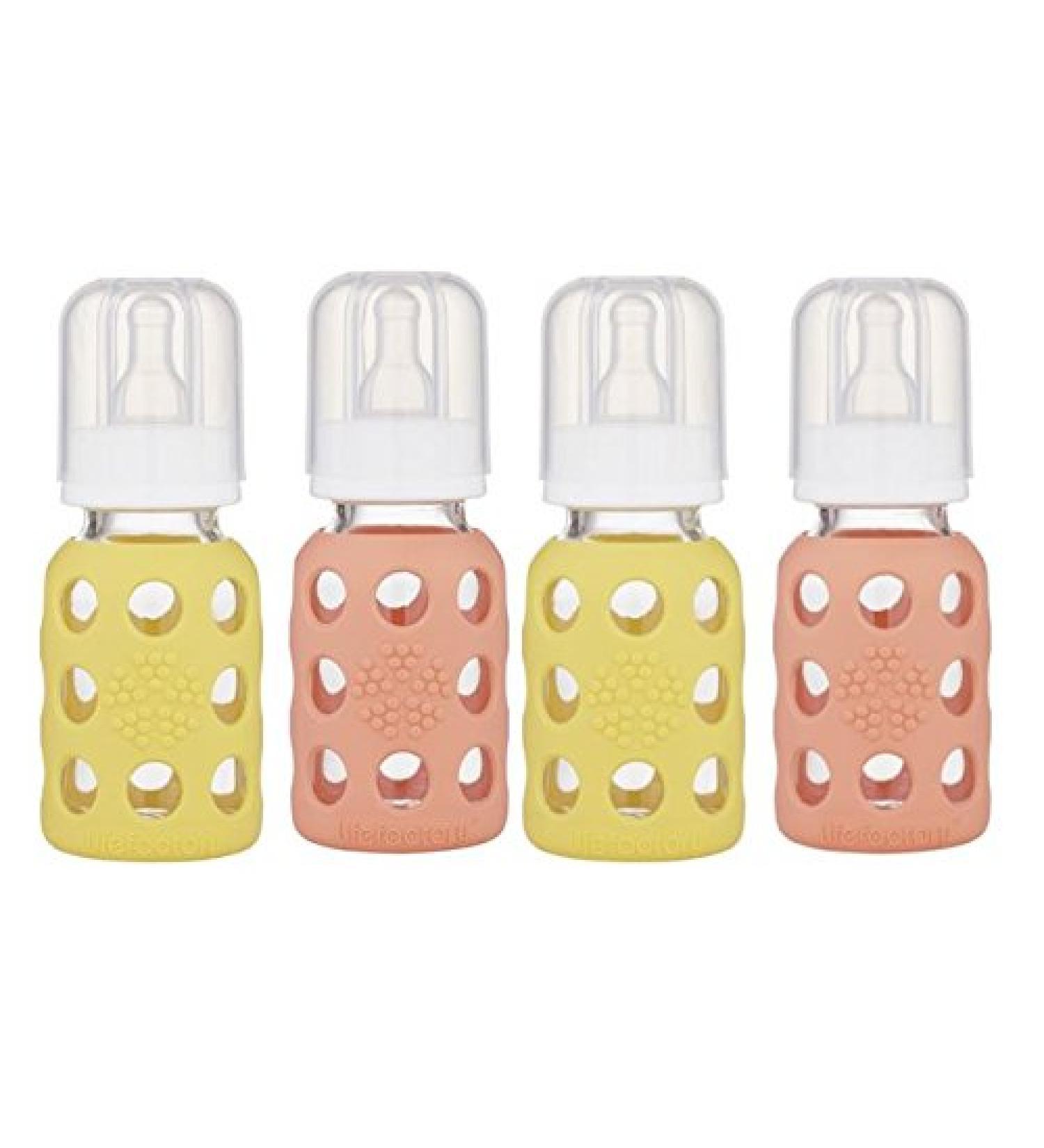 Lifefactory 4 oz Glass Baby Bottles with Silicone (4 Pack) - Banana & Cantaloupe - Buy Online on GoSupps.com