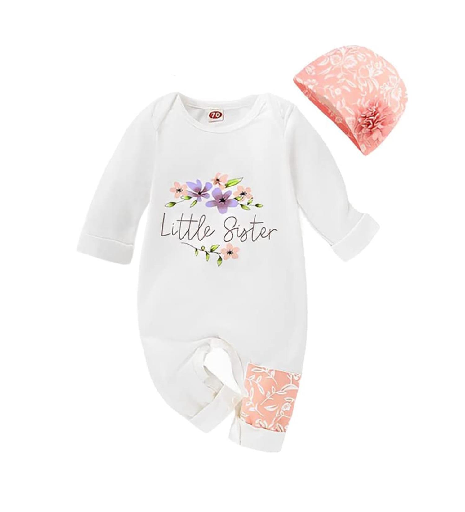 PythJooh Newborn Baby Girl Little Sister Romper Bodysuit with Floral Hat | 3-6 Months - Buy Online on GoSupps.com