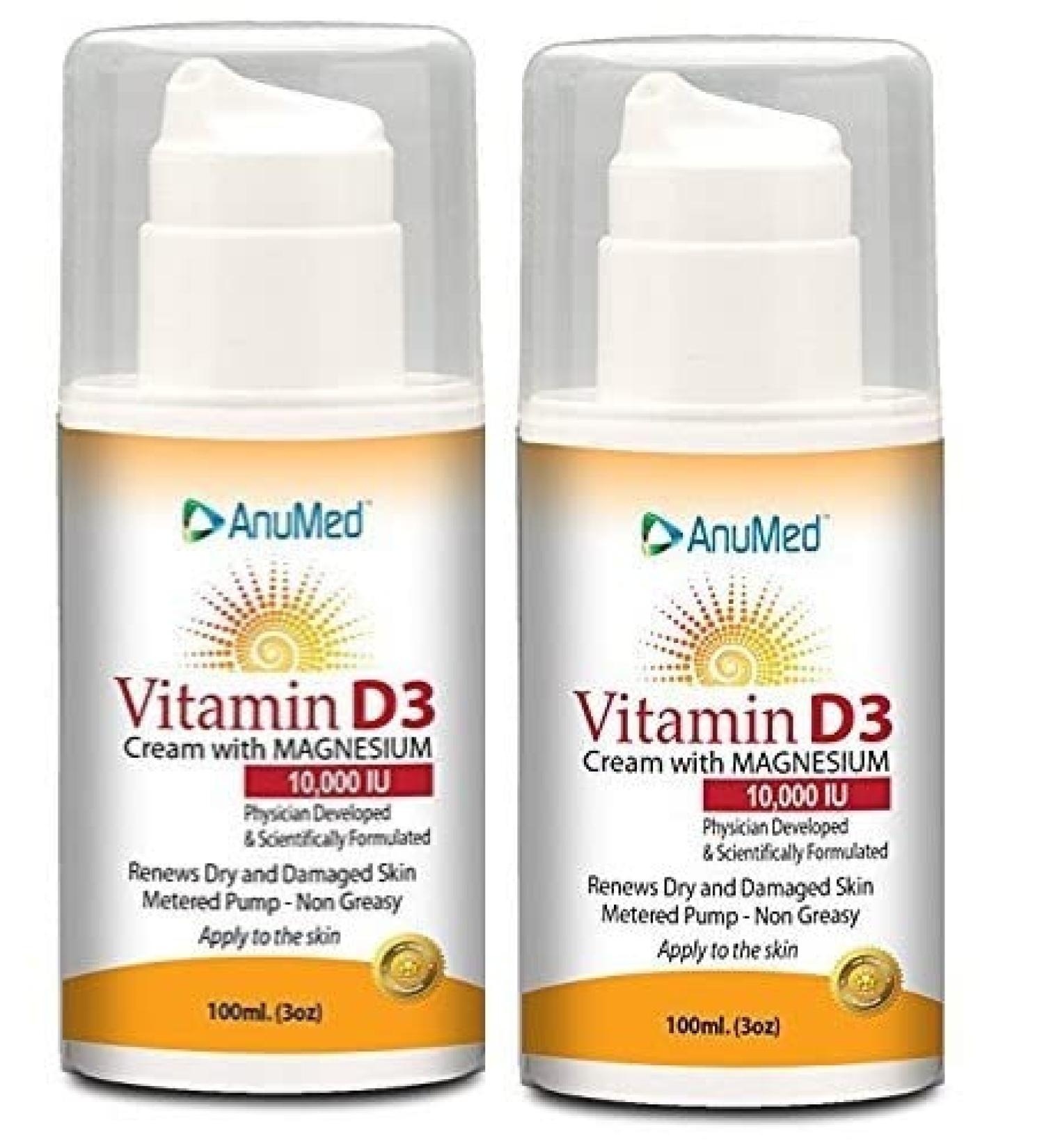 AnuMed Vitamin D3 Cream With Magnesium 10 000 IU | Healthy Skin Care & Face Cream | Maximum Calcium Absorption | Non-Greasy Moisturizer For Dry Skin - 3 Ounces Each (Pack of 2)