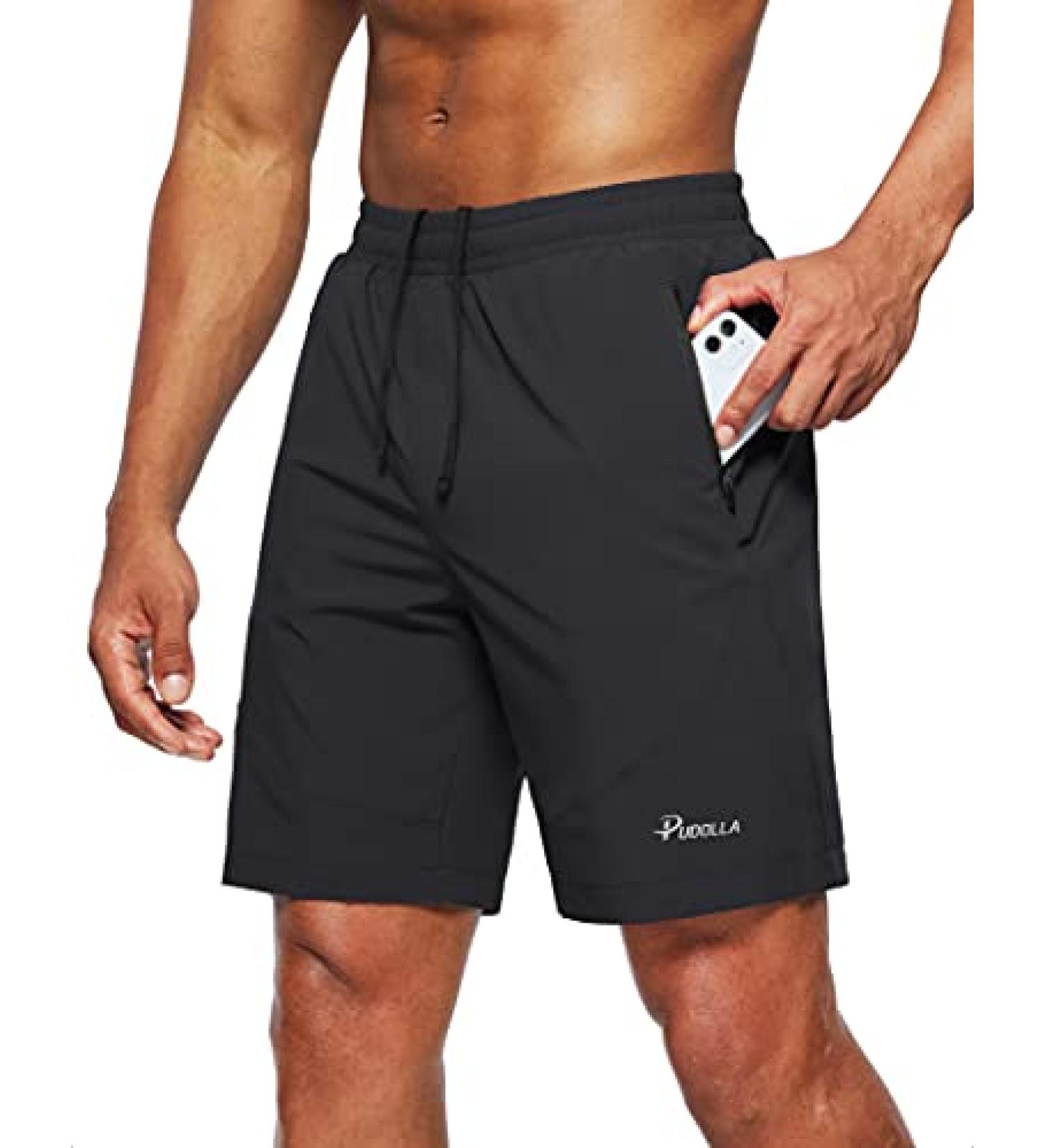 Pudolla Men's Lightweight Workout Running Shorts with Zipper Pockets - Black Large - Buy Online on GoSupps.com