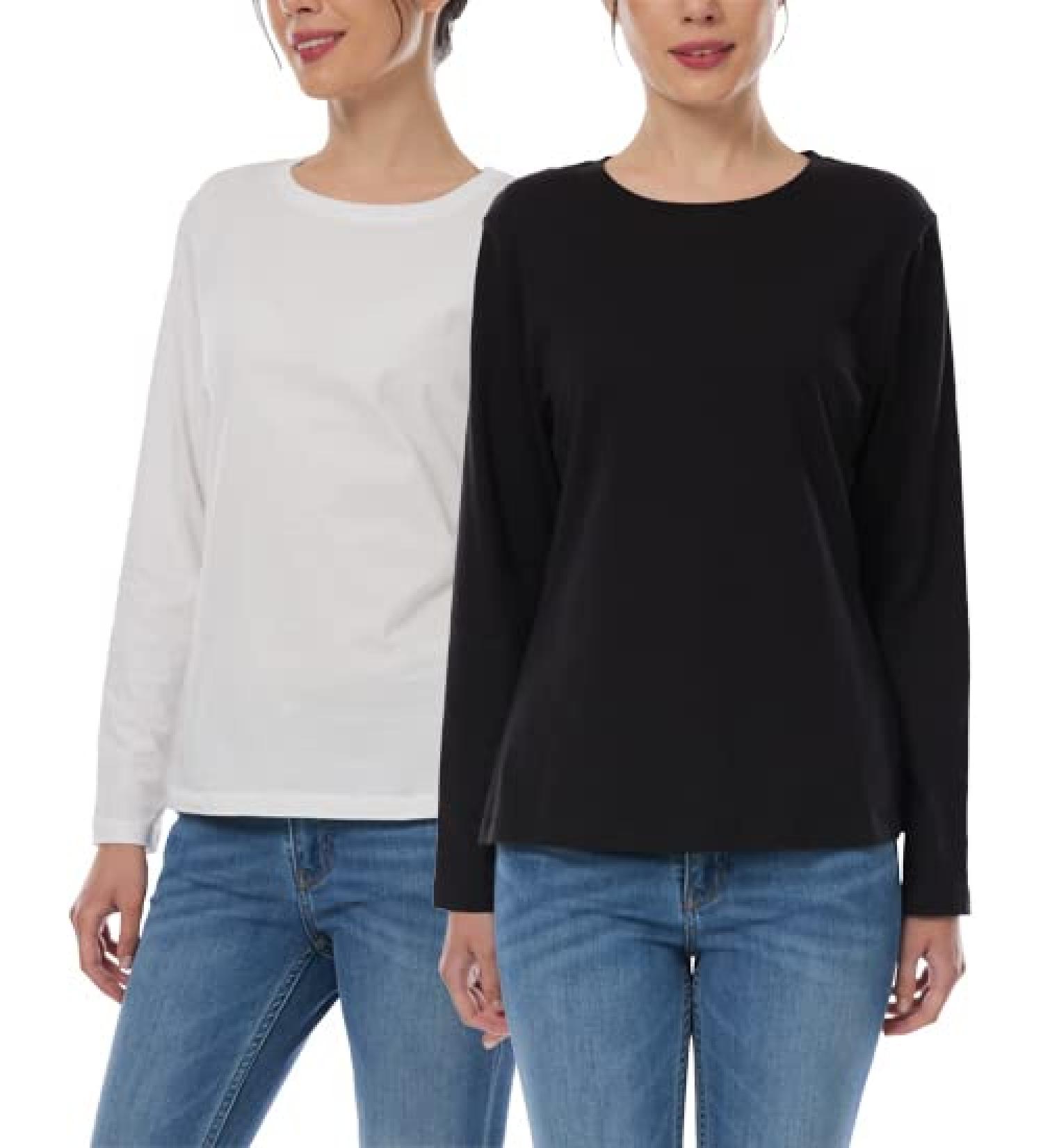 Women's 100% Soft Cotton Crew Neck Long Sleeve T-Shirt (2-Pack) - Black/White, XX-Large - Buy Online on GoSupps.com