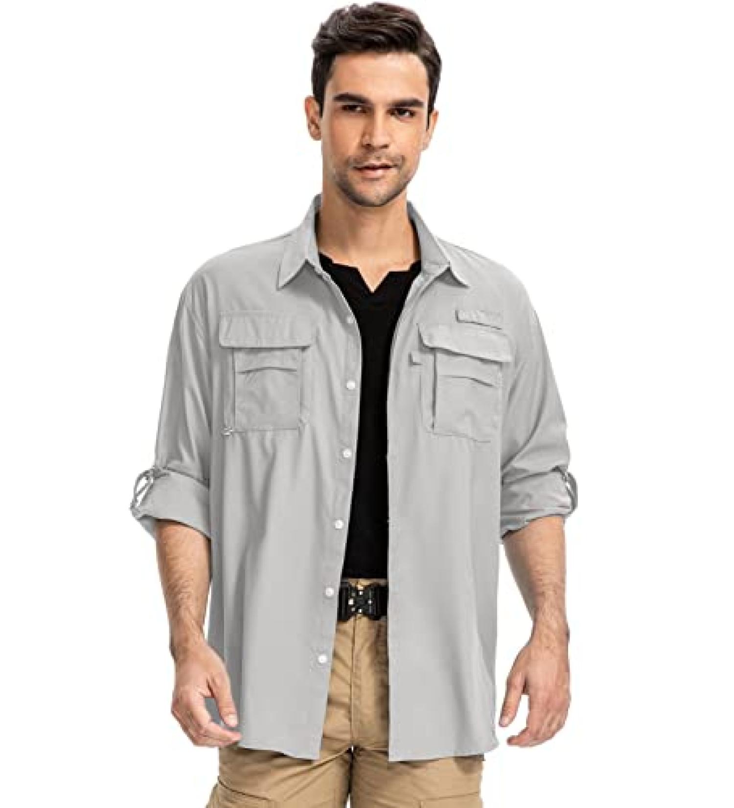 Anteef Men's Safari Shirt with UPF 50+ UV Protection, Long Sleeve, Quick Dry - X-Large, Light Grey - Buy Online on GoSupps.com