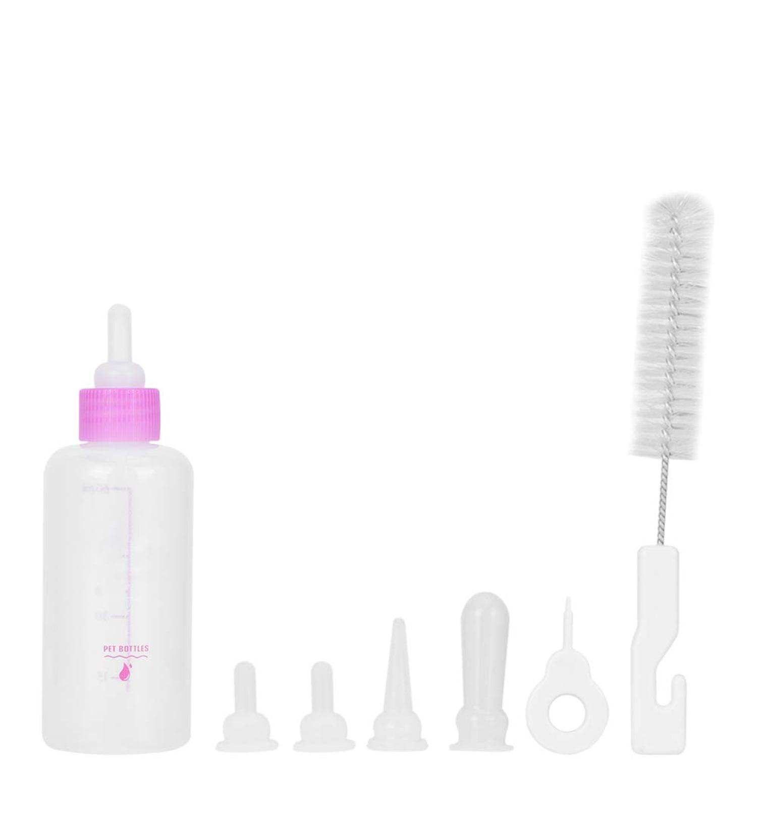 Durable 60ml Pet Milk Bottle | Breeding Bottle for Puppies & Kittens - Water Feeder Set with Nipple Brush (Pink) - Buy Online on GoSupps.com