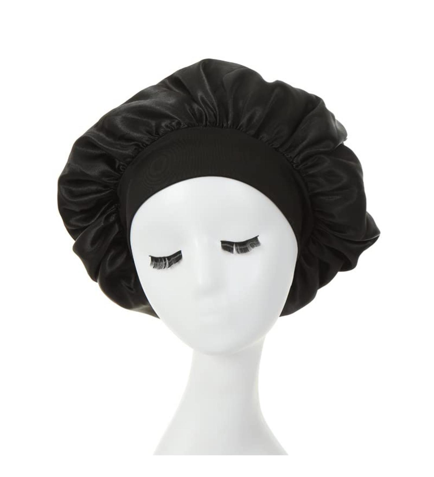 Satin Hair Bonnet for Women - Wide Elastic Band, Silk Shower Cap for Night Sleep and Curly Hair Protection - Black - Buy Online on GoSupps.com