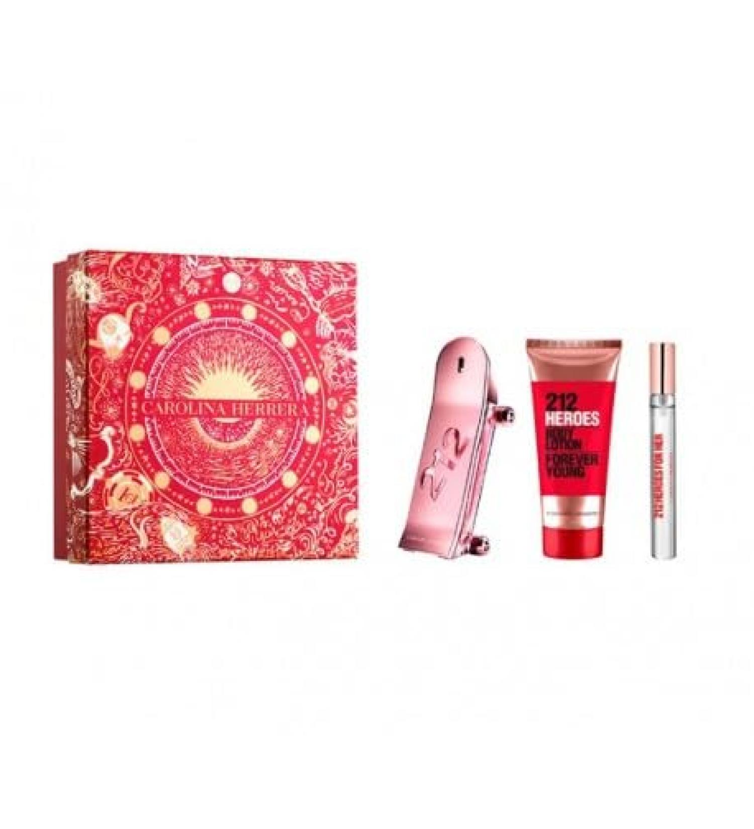 Carolina Herrera 212 Heroes For Her 3-Pcs Gift Set (Eau de Parfum vaporizador 2.7 Fl Oz + Body Lotion 3.4 Fl Oz + Eau de Parfum roll-on 0.34 Fl Oz