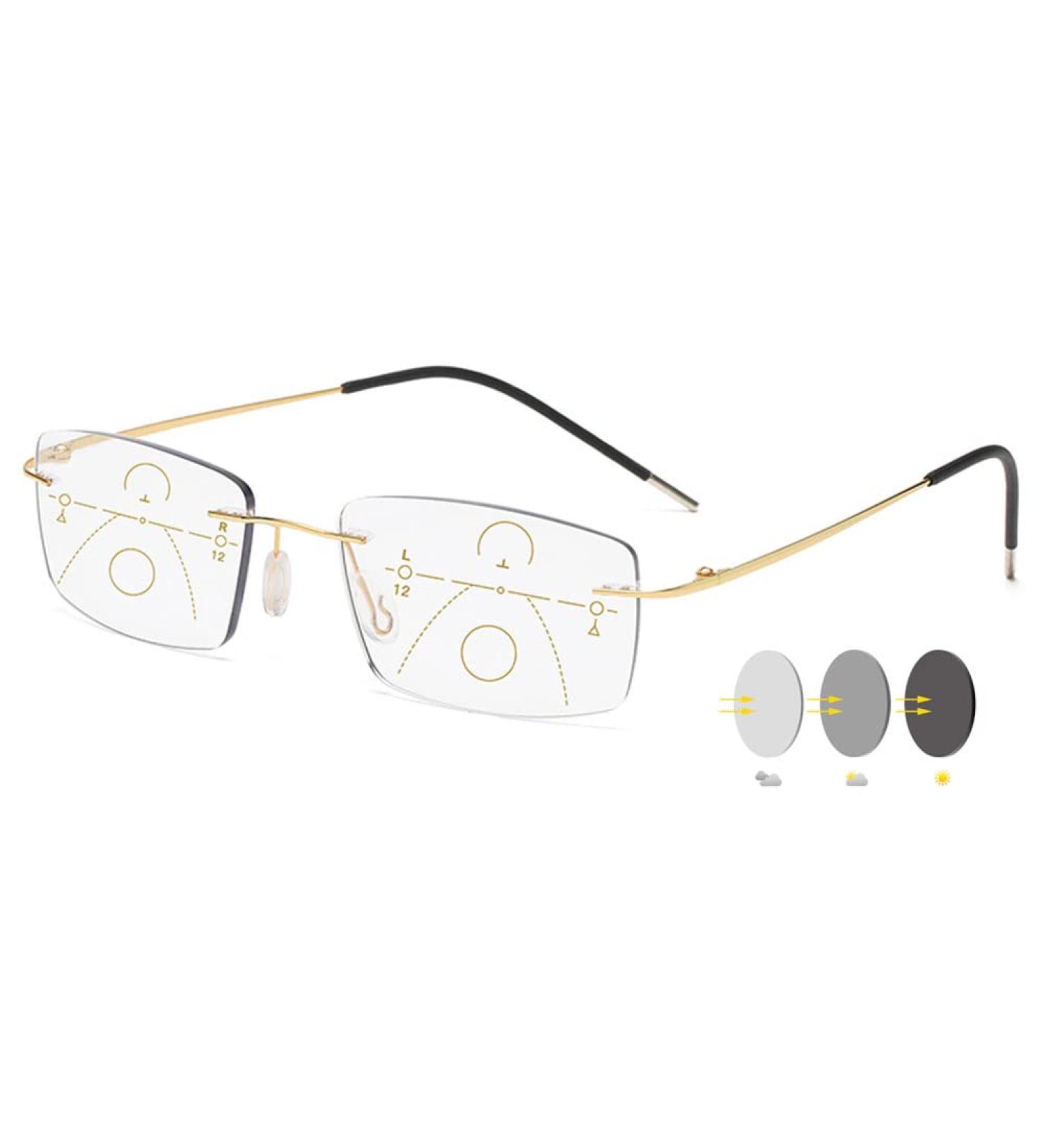 Vevesmundo Photochrome Reading Glasses | Blue Light Filter Metal Titan Multifocal Varifocal Glasses for Men - 1.5x Gold Lens - Buy Online on GoSupps.com