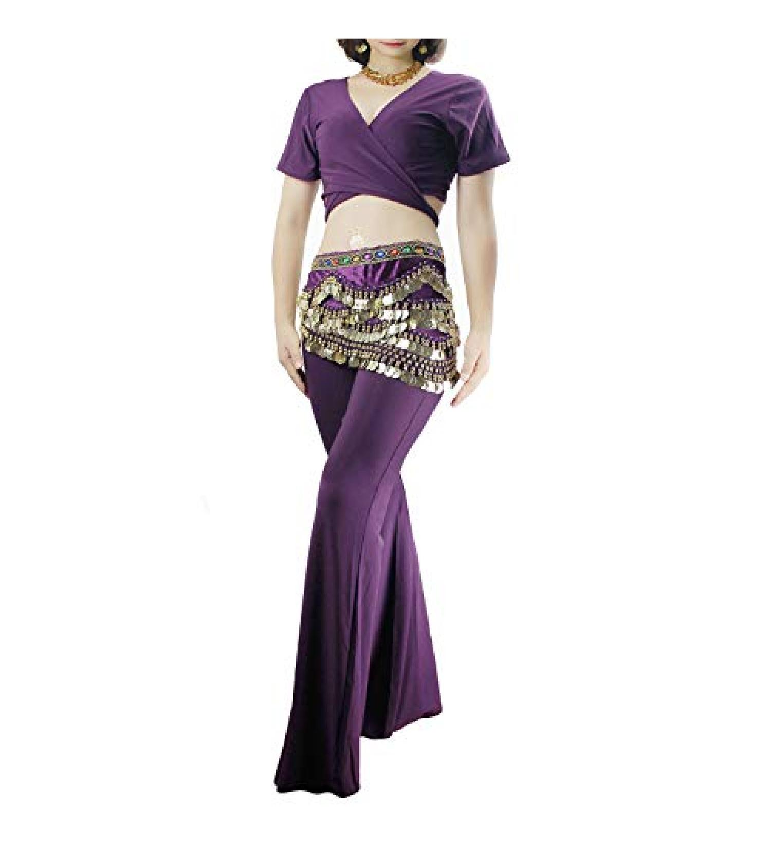 Farlenoyar Womens Belly Dance Top + Pants Yoga Pants Short Sleeve V-Neck Straps Shirt Small-Medium Purple