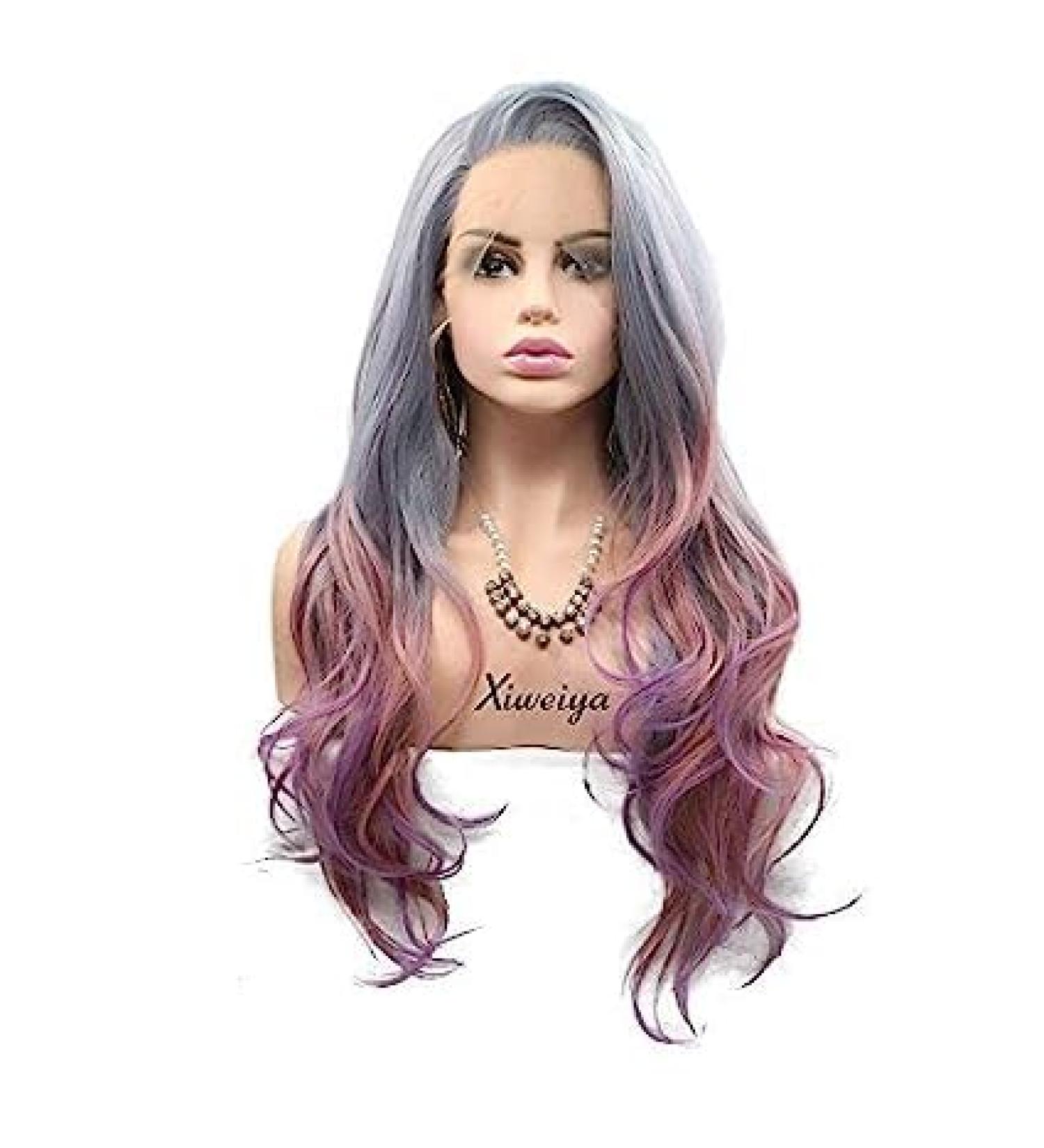Xiweiya 24" Multi-Color Lace Front Wig - Ombre Grey to Purple Rainbow Heat Resistant Perfect for Parties & Drag Queens - Buy Online on GoSupps.com