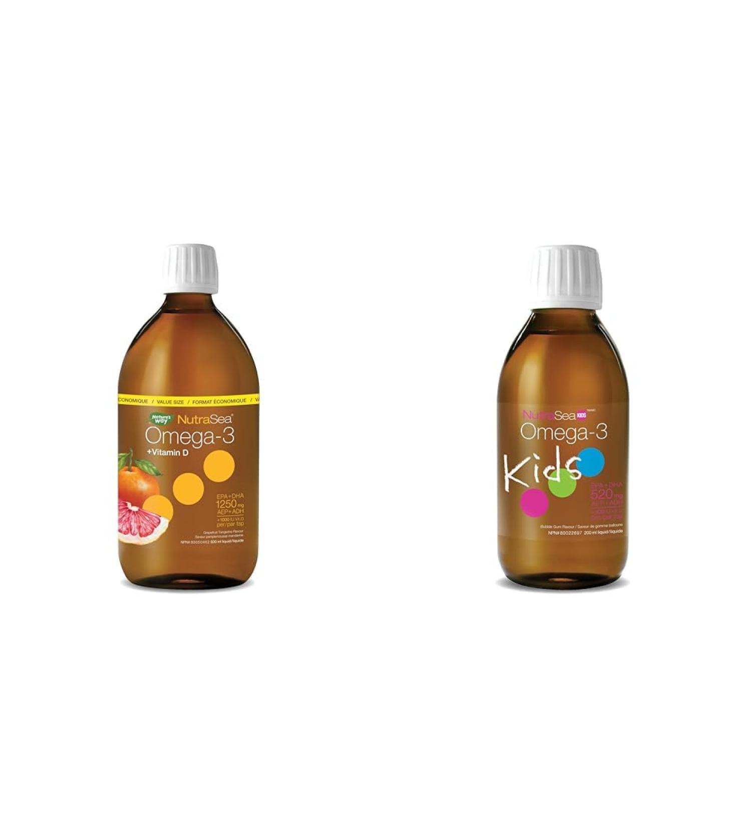 Nature's Way NutraSea Omega-3 and Vitamin D Supplement - Fish Oil with EPA and DHA - Grapefruit Tangerine 500 ml Liquid & Nature's Way NutraSea Kids Omega-3 and Vitamin D Supplement - 200 ml Liquid - Buy Online on GoSupps.com