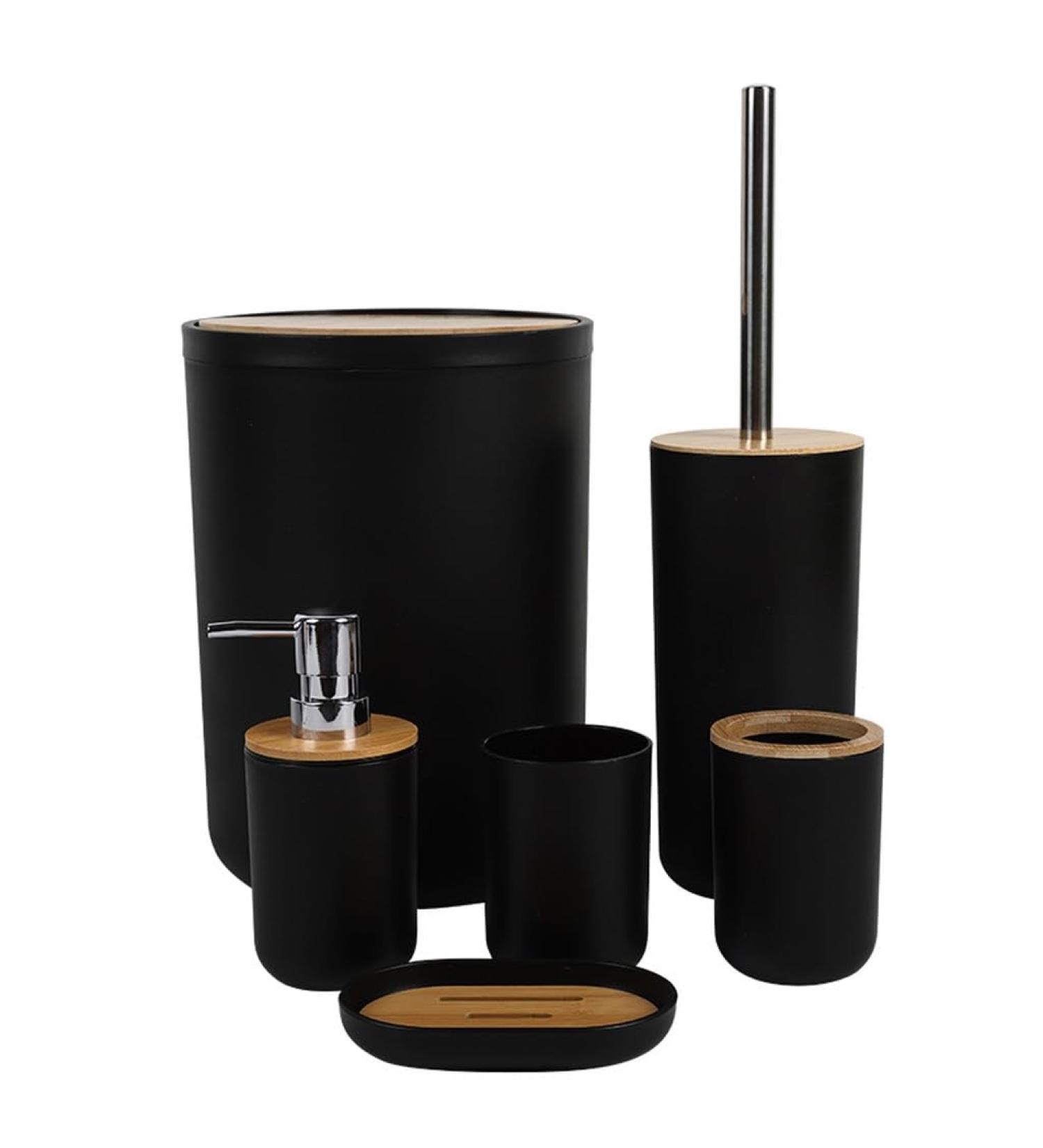 Six-Piece Black Bathroom Storage Kit | Trash Can Soap Dish & Toothbrush Holder | Stylish & Functional Toiletries Organizer - Buy Online on GoSupps.com