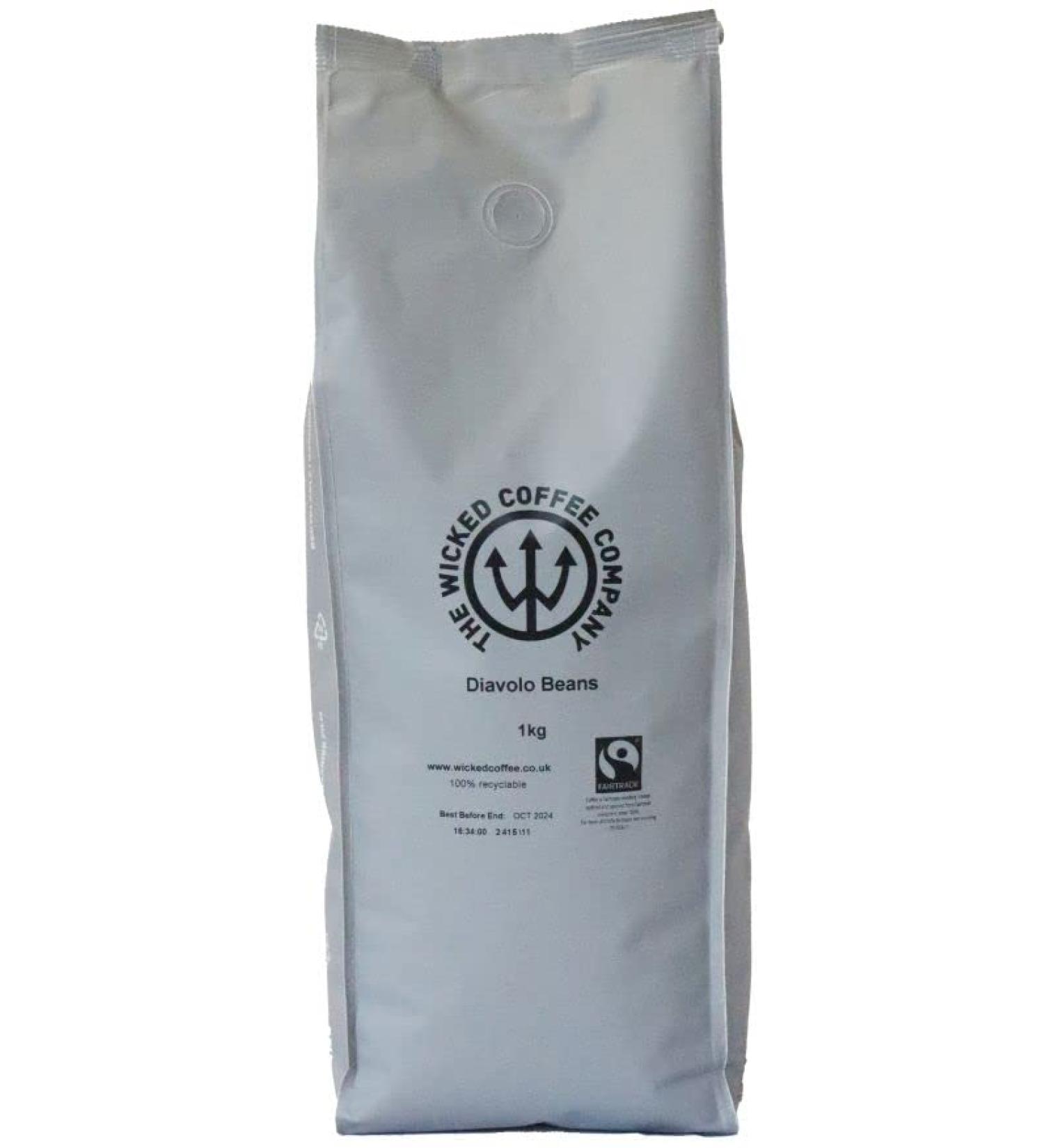 Wicked Fairtrade Diavolo Medium Roast Coffee Beans (Recyclable 1kg Bag) - Premium Roasted Coffee
