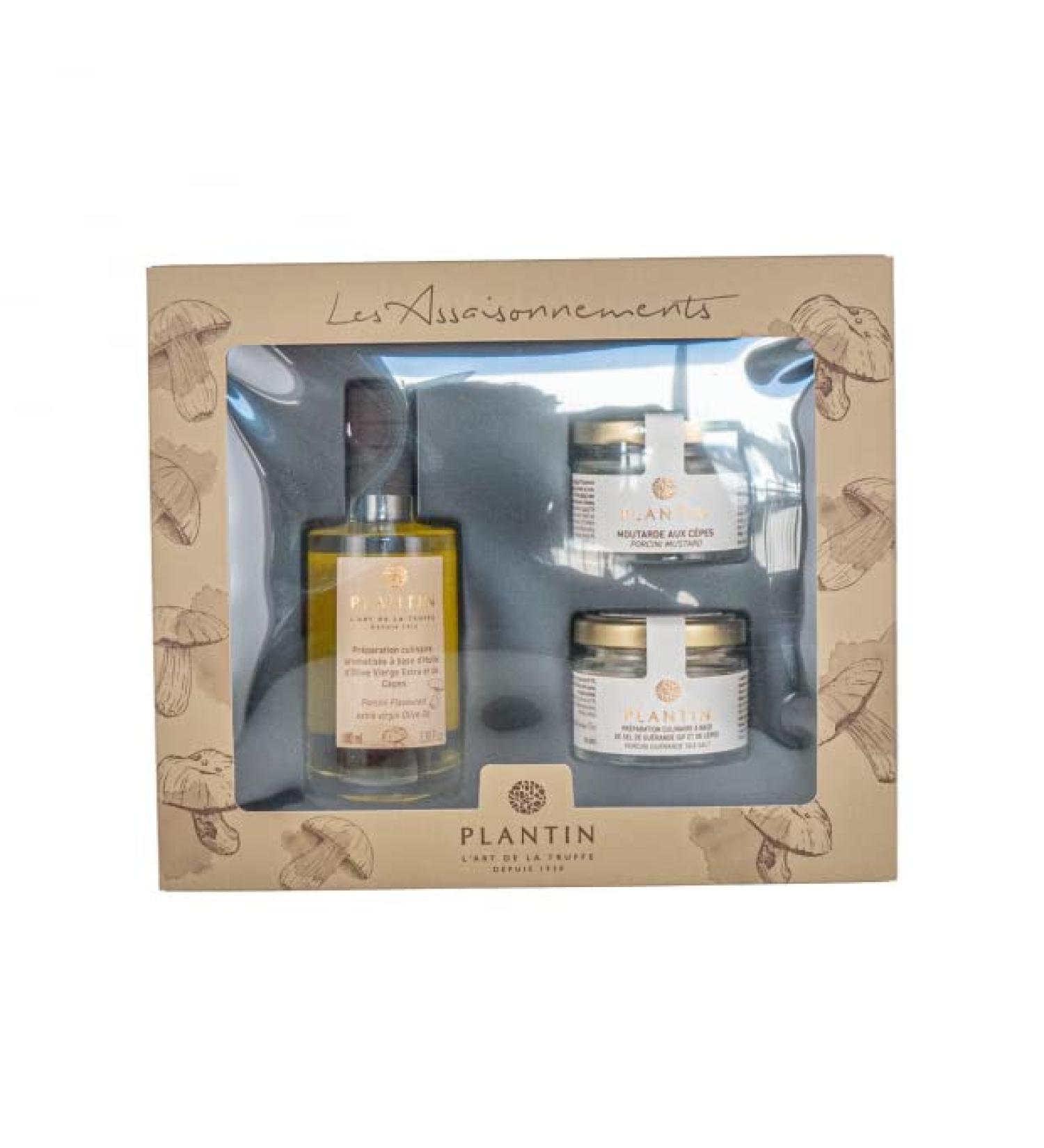 Box of porcini mushroom seasonings, oils and condiments - Plantin