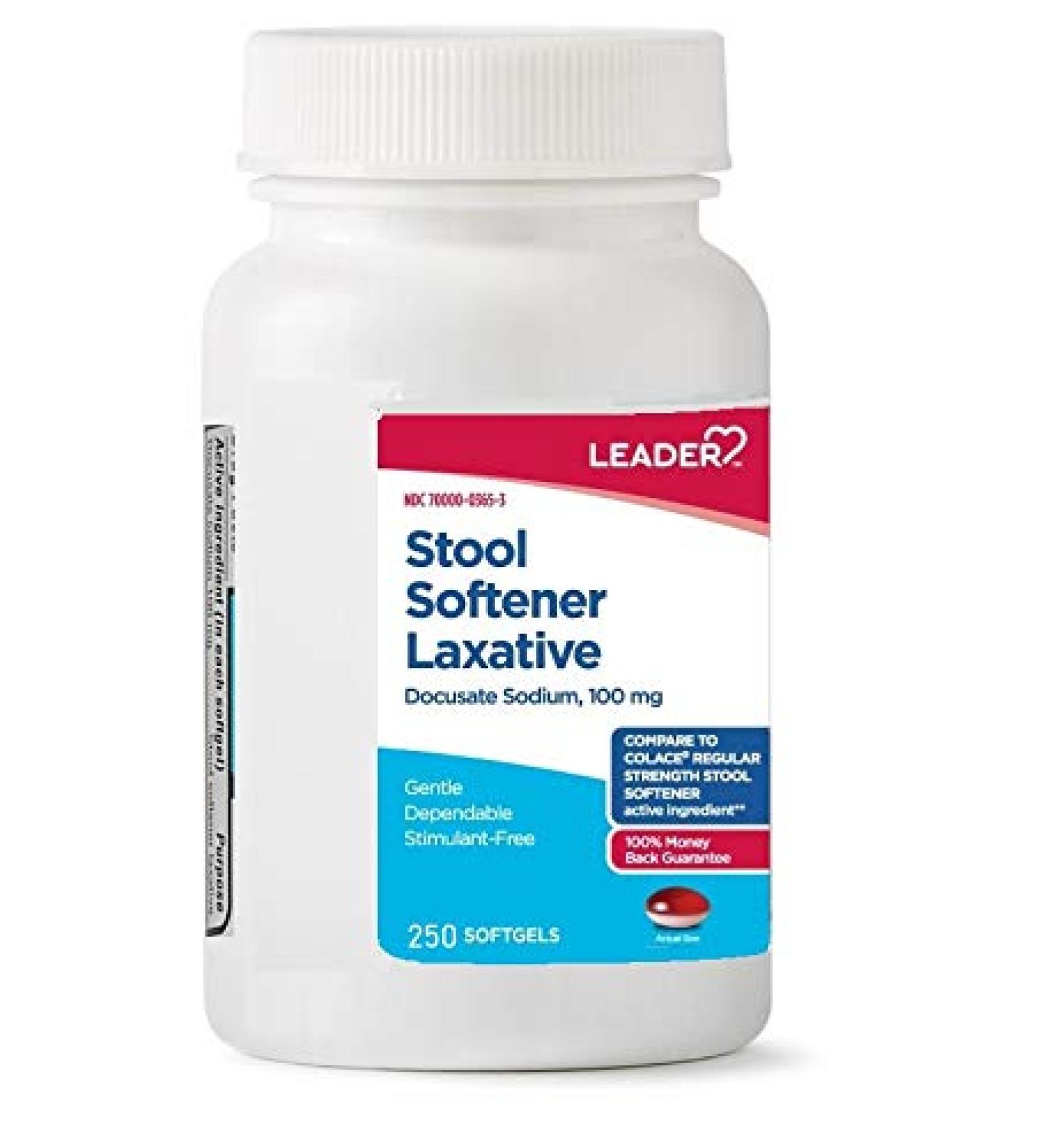 Leader Stool Softener Laxative 100 mg Docusate Sodium Stool Softener for Gentle Dependable Relief 250 Softgels