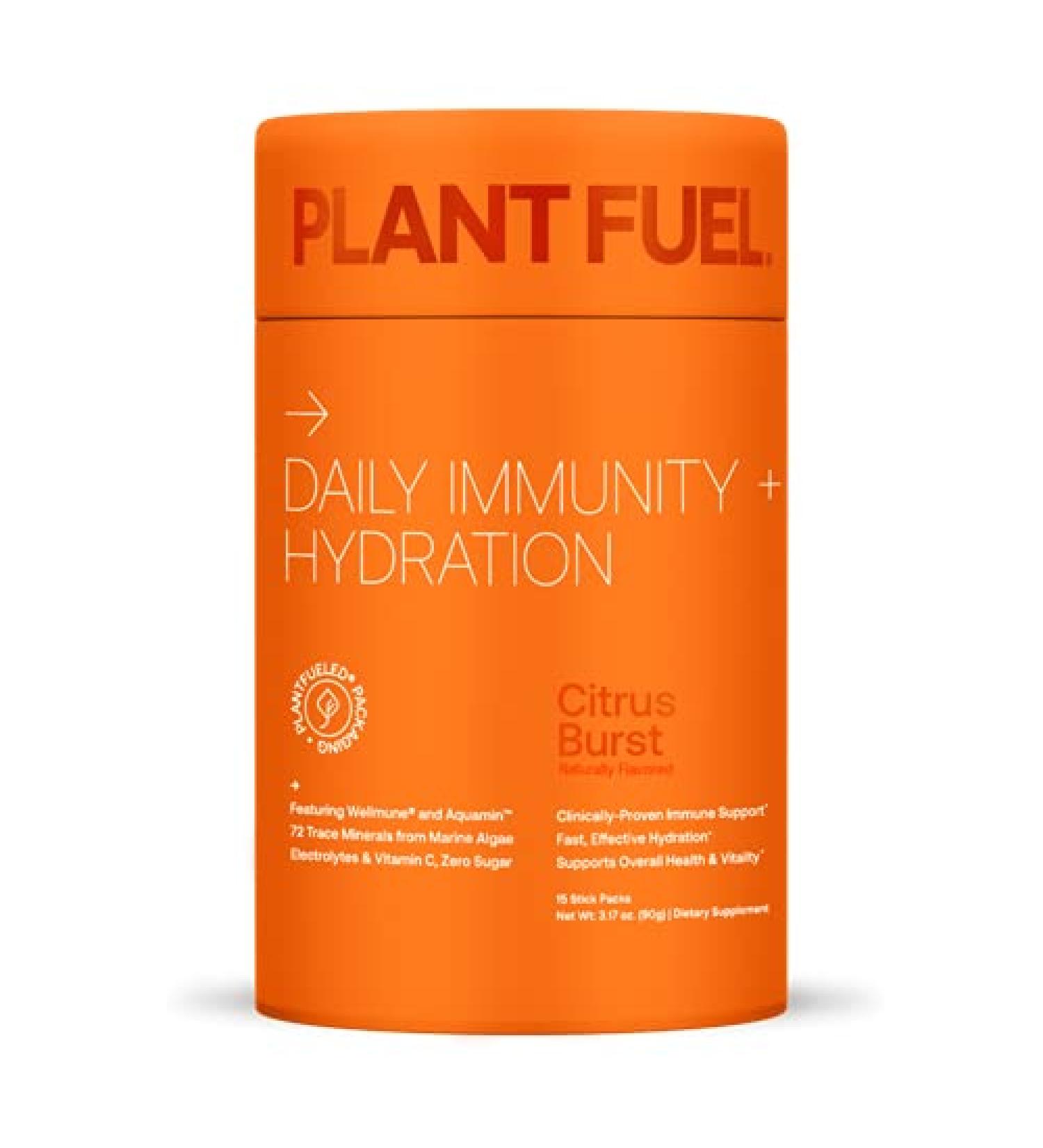 Plantfuel Vegan Daily Immunity & Hydration Powder Packets - Wellmune, Aquamin, Electrolytes, Vitamin C & B6 - Citrus Burst (15 Servings) - Buy Online on GoSupps.com
