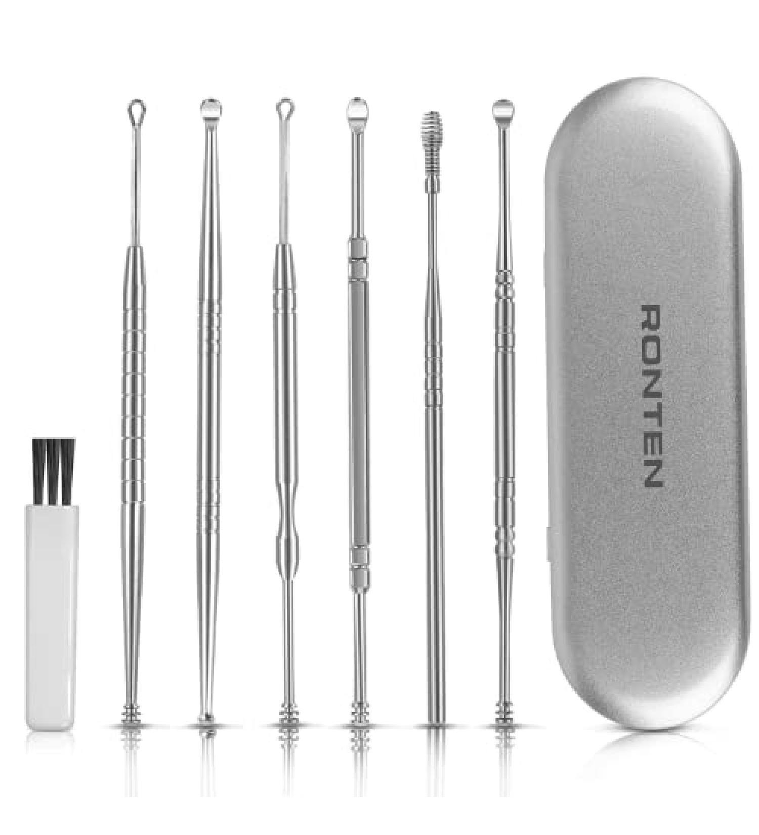 RONTEN 6pcs Ear Pick Earwax Removal Kit - Stainless Steel Ear Cleaning Tools with Storage Box and Cleaning Brush - Silver - Buy Online on GoSupps.com