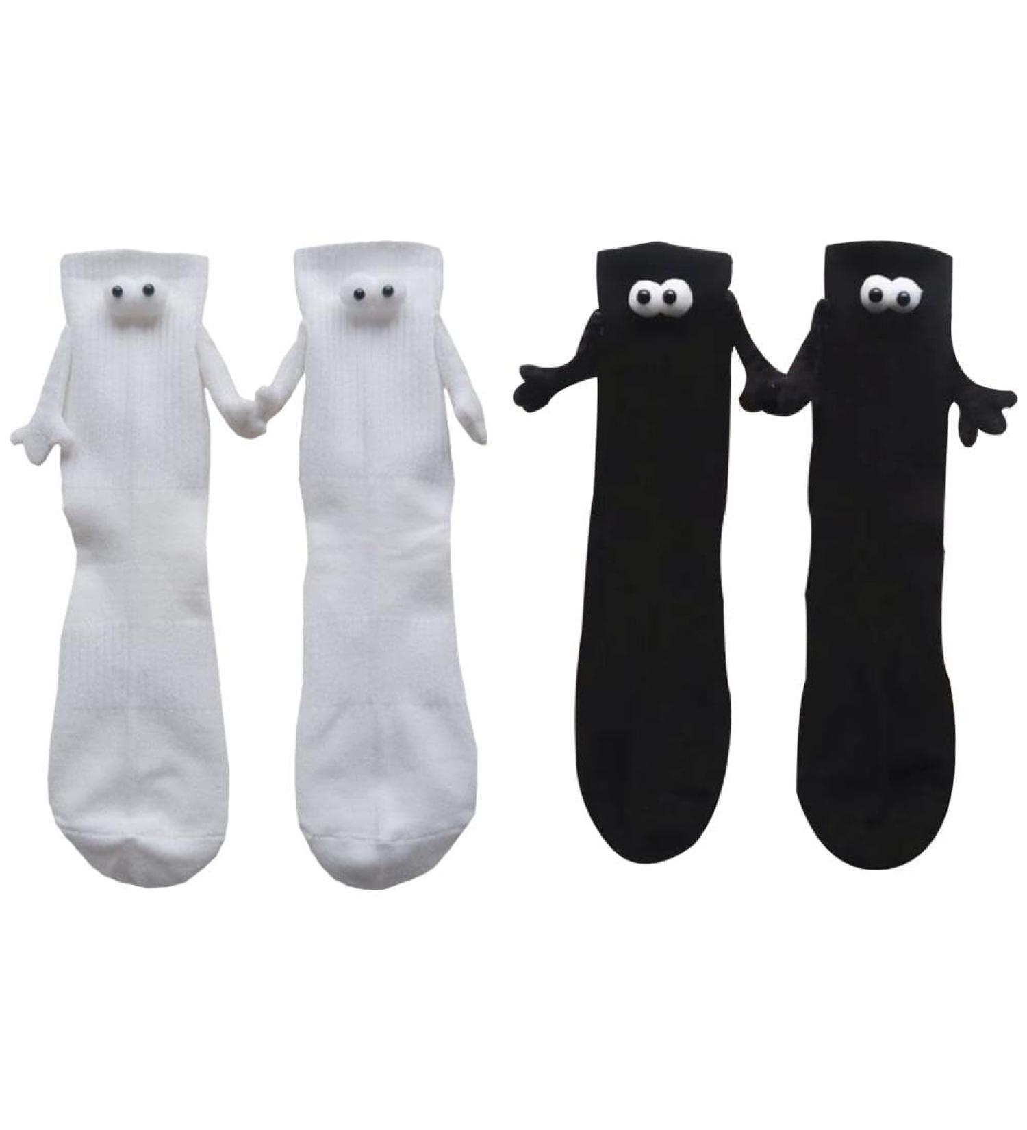 2 Pairs Magnetic Hand in Hand Doll Couple Socks - Funny Novelty Cartoon Design for Men and Women - One Size White+Black - Buy Online on GoSupps.com