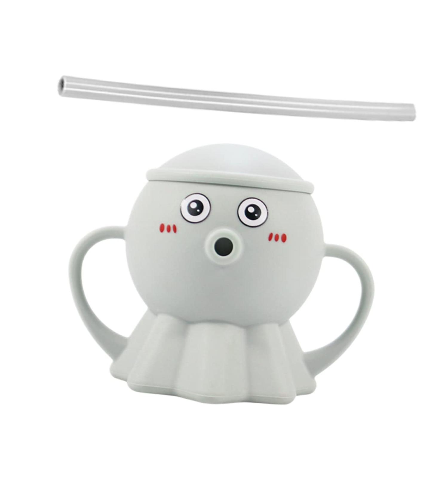 STOBOK Toddlers Silicone Snack Cup with Straw Handles - Grey Octopus Design | Anti-Spill, BPA-Free, Easy-Grip Learning Cup for Kids - Buy Online on GoSupps.com