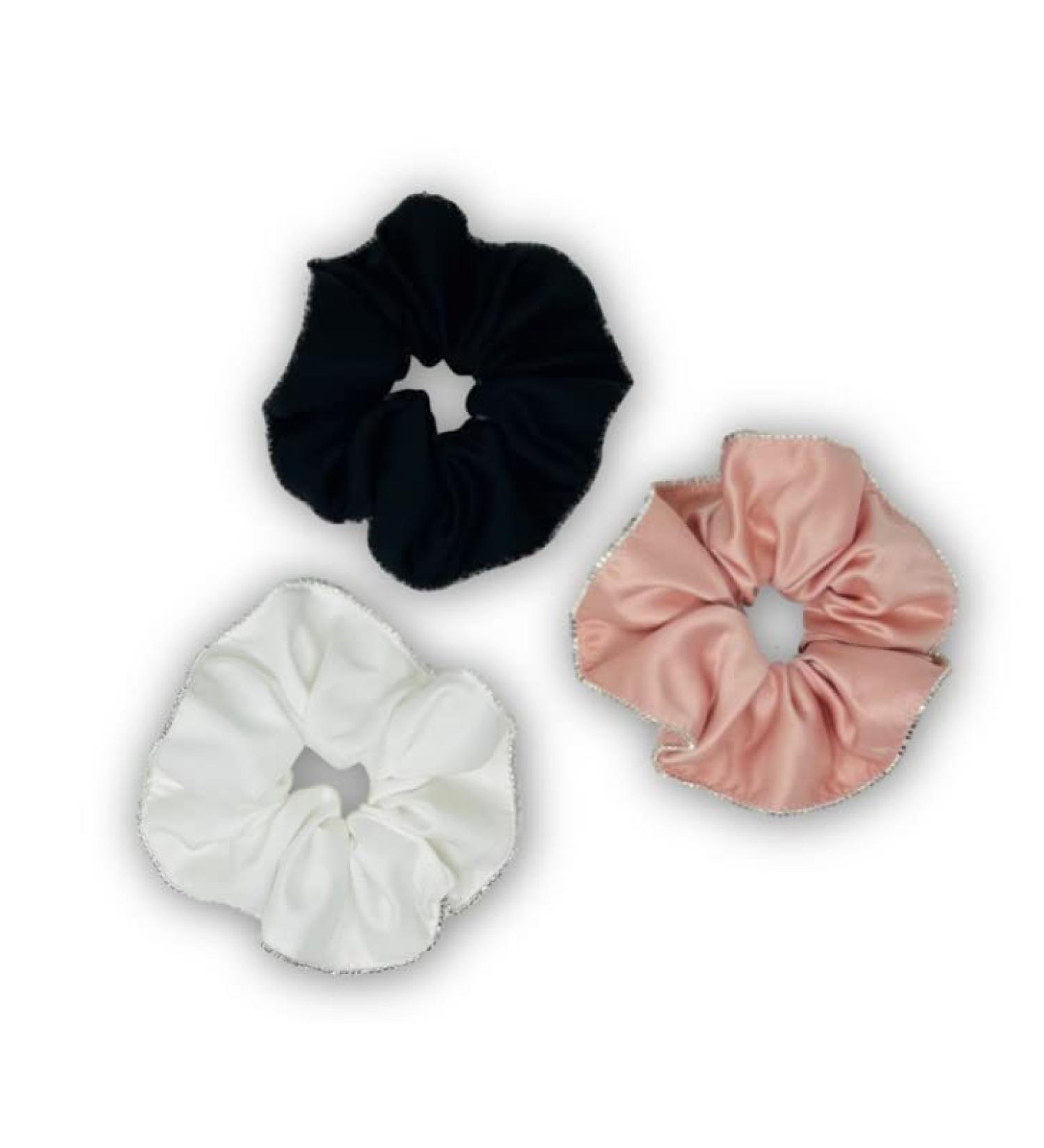 Josei 3pc Pure Silk Hair Scrunchies Set in Black, White & Pink with Rhinestones - Elastic Hair Bands for Women & Girls - Buy Online on GoSupps.com