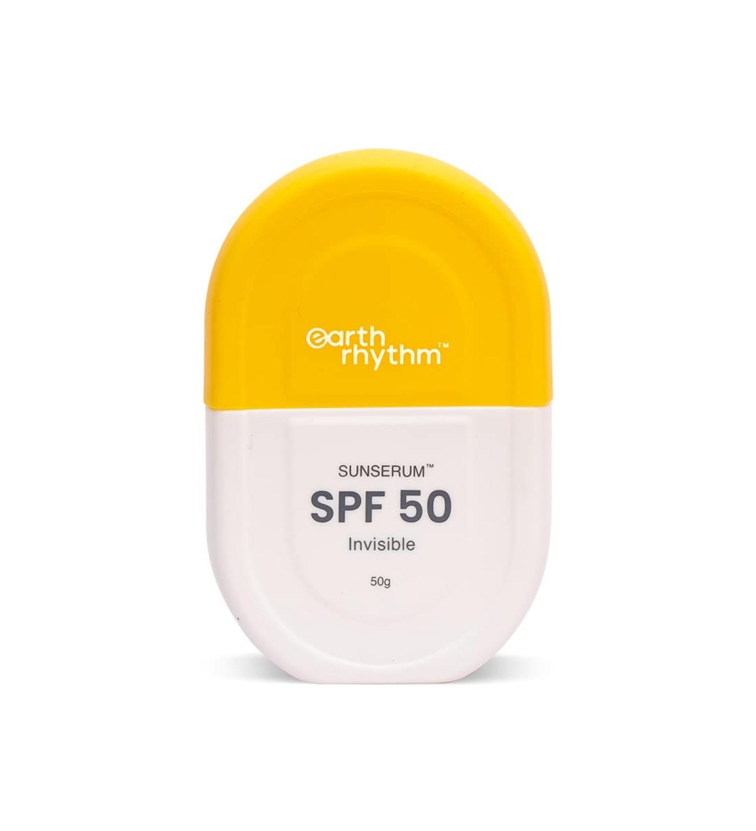 Earth Rhythm Invisible Sunscreen Serum SPF 50 | No white cast Lightweight | Vitamin E Almond Oil & Jojoba Oil | Suitable for all skin types | For men & women 50 grams Invisible SPF 50 - Buy Online on GoSupps.com