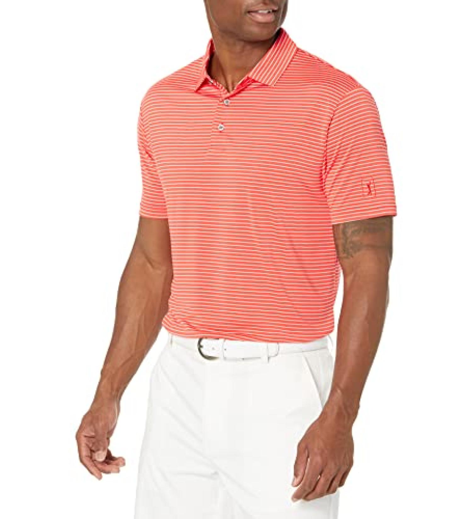 PGA TOUR Men's Feeder Stripe Short Sleeve Golf Polo Shirt Large Firelight