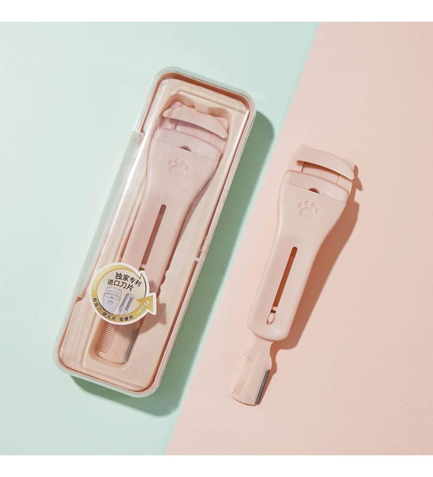 3 in 1 Portable Eyelash Curler Eyebrow Cutter & Comb - Mini Cat Claw Cute Makeup Tool with Extra Silicone Refill Pads - Perfect Gift for Women - Pink - Buy Online on GoSupps.com