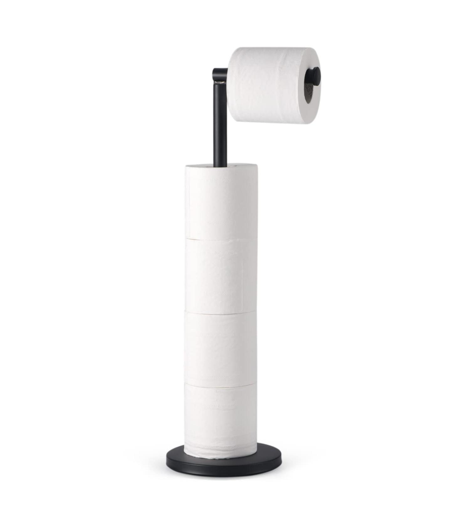 LAYUKI Free Standing Toilet Paper Holder in Matte Black Stainless Steel - Rustproof Bathroom Tissue Roll Stand - Buy Online on GoSupps.com