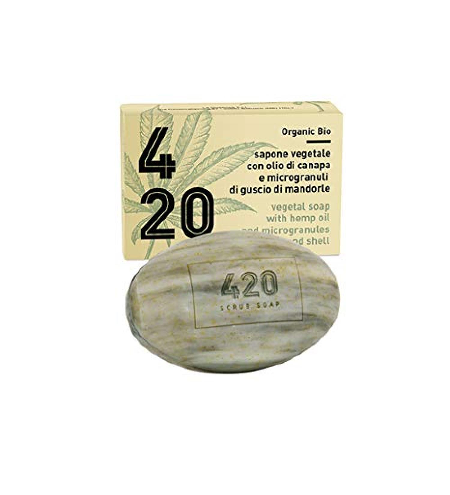 Canapa 420 Organic vegetable scrub soap with hemp oil extracts and hazelnut and almond microgranules 200g soothing yet gentle action invigorates the skin