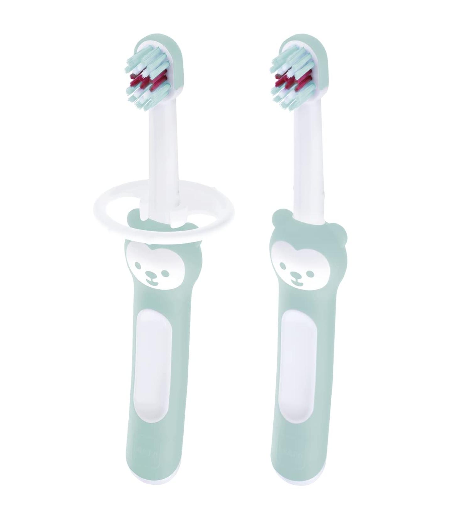MAM Baby's Brush Pack of 2 Baby Toothbrushes With Safety Shields Ideal for Teaching Dental Hygiene to Infants Toothbrush for Babies Suitable From Birth Blue (Designs May Vary) Blue/White - Buy Online on GoSupps.com
