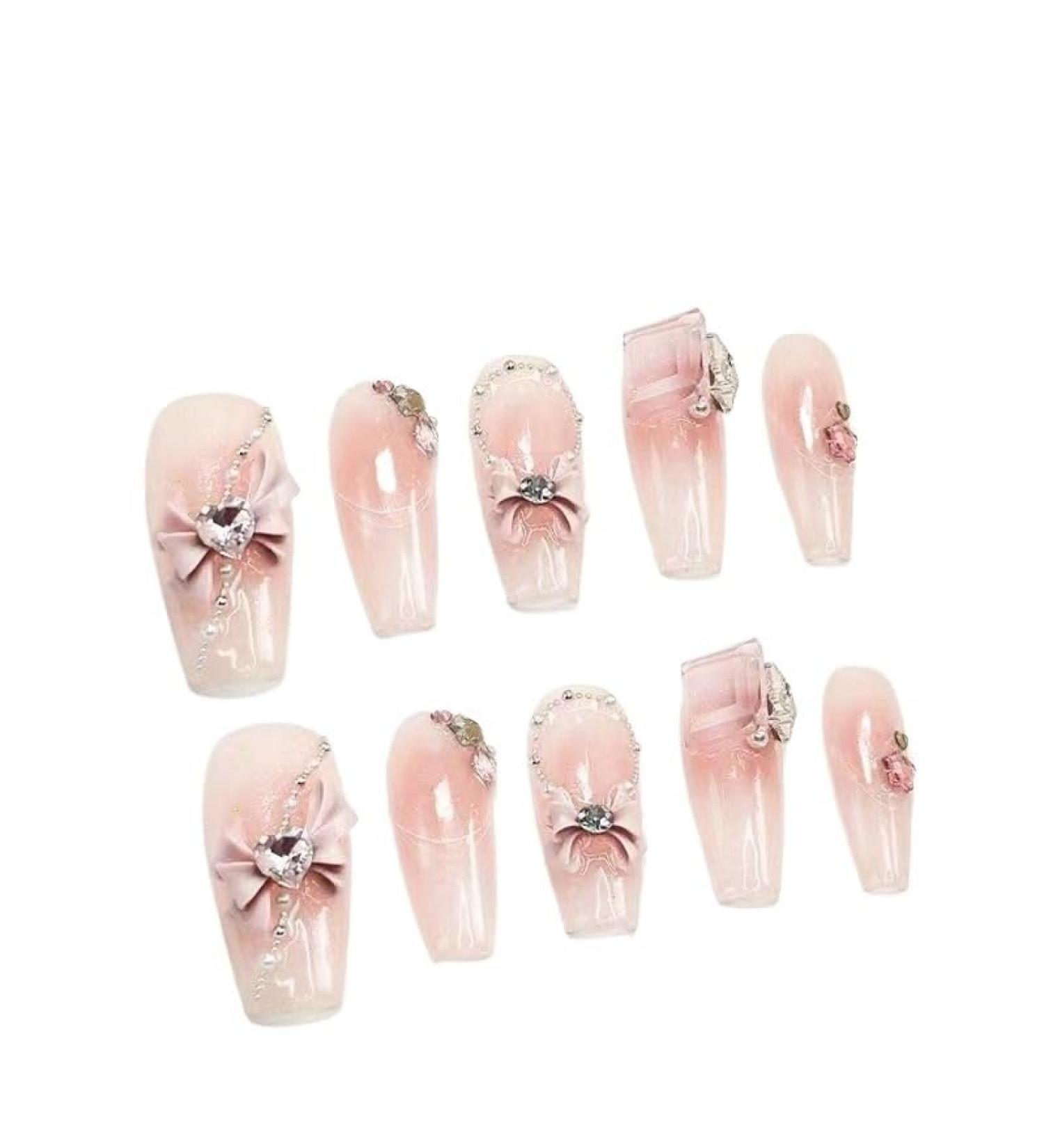 Temperament manicure hand-wearing a pink bow with drilling sweet powder manicure finished transparent student princess spice girl.(XS) - Buy Online on GoSupps.com