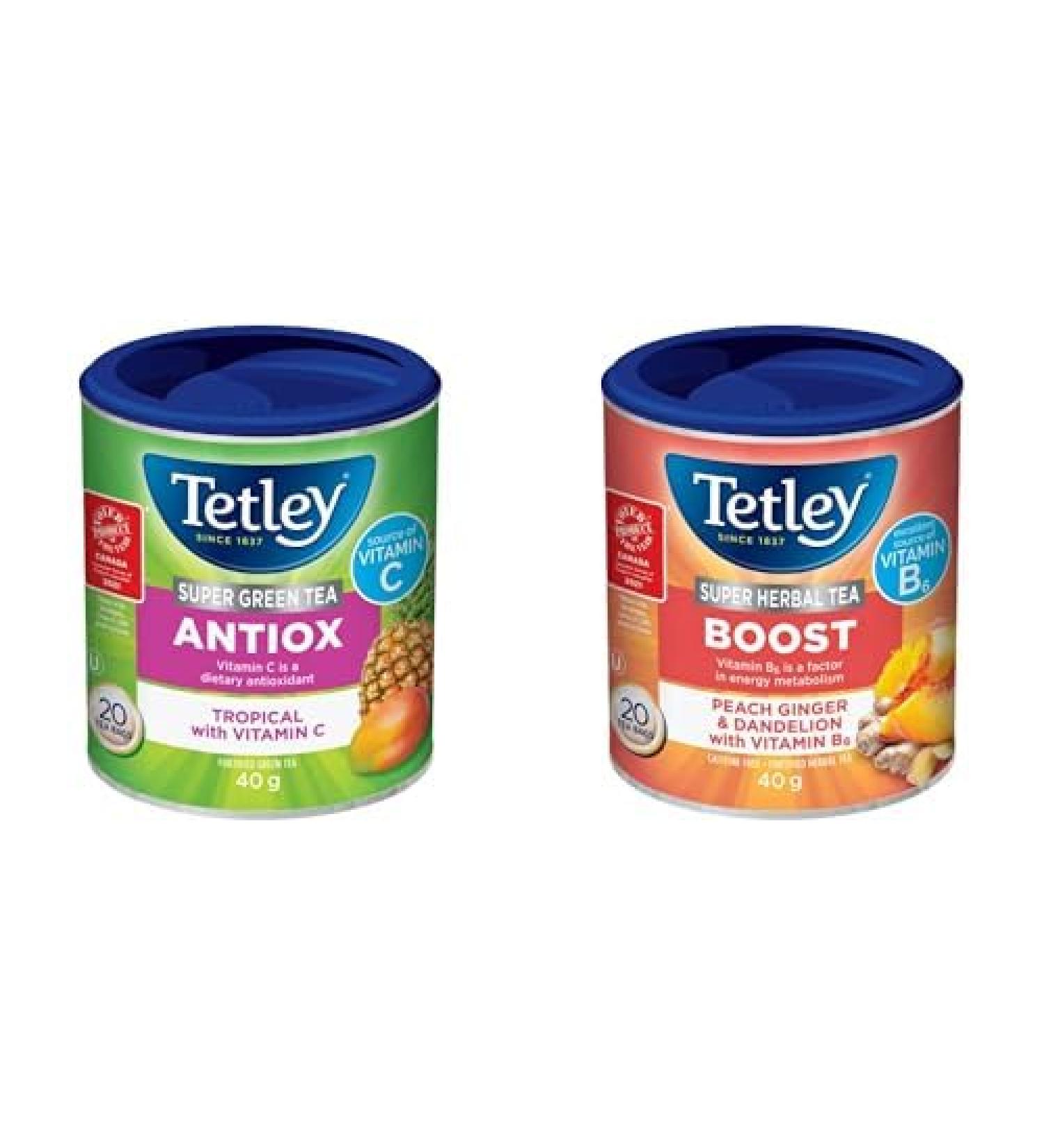 Tetley Super Green Tea Antiox: Tropical with Vitamin C & Tetley Super Herbal Boost Tea: Peach Ginger & Dandelions with Vitamin B6-20 Tea Bags 40 Grams Contains Caffeine