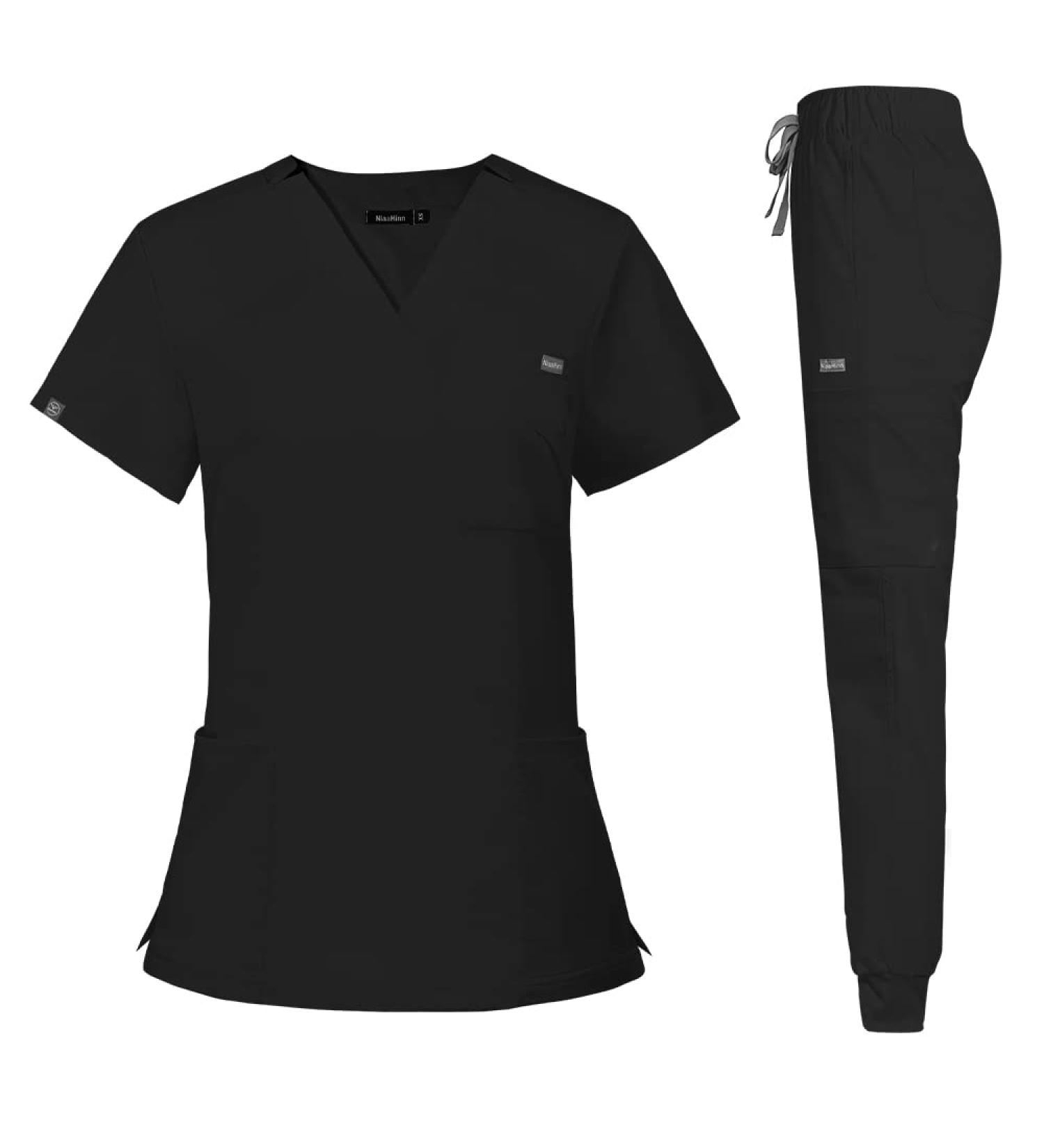 Niaahinn Classic Women's Scrub Set - Black Nursing Uniform Top & Jogger Pants - Buy Online on GoSupps.com