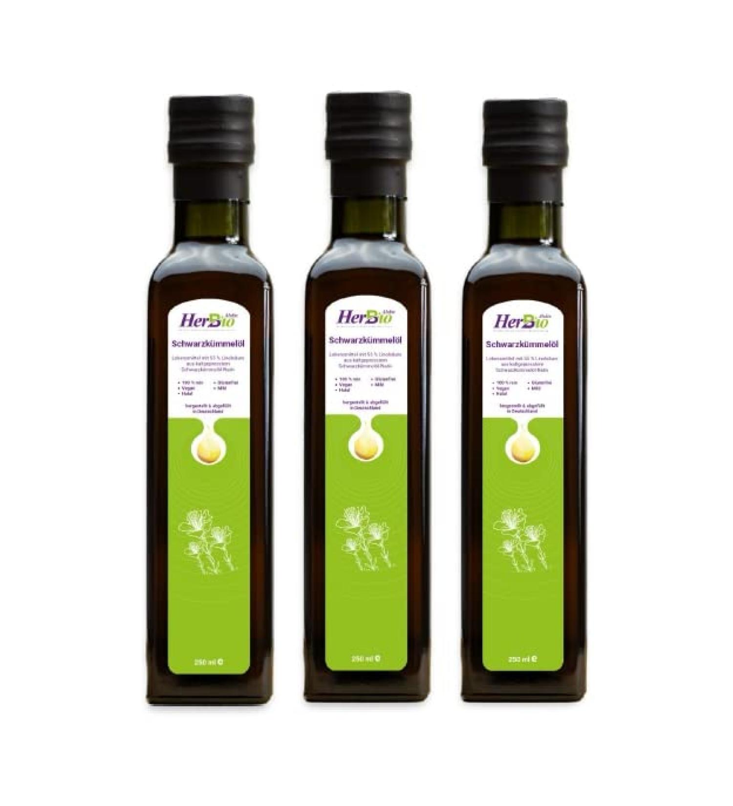 Herbbio Black Cumin Oil Cold-Pressed 3x250ml | 100% Natural Black Seed Oil | Raw Food Quality | Made in Germany - Buy Online on GoSupps.com