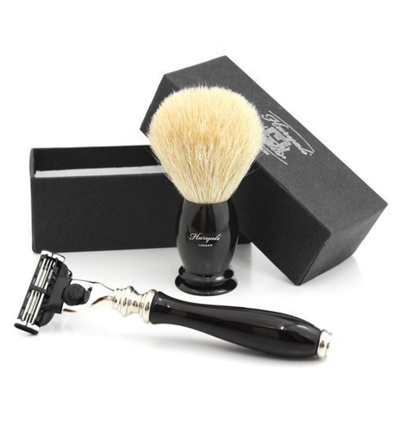 3 Edge Shaving Razor and Pure White Badger Hair Brush With Black Coated Handle Perfect Shaving Kit For Mens