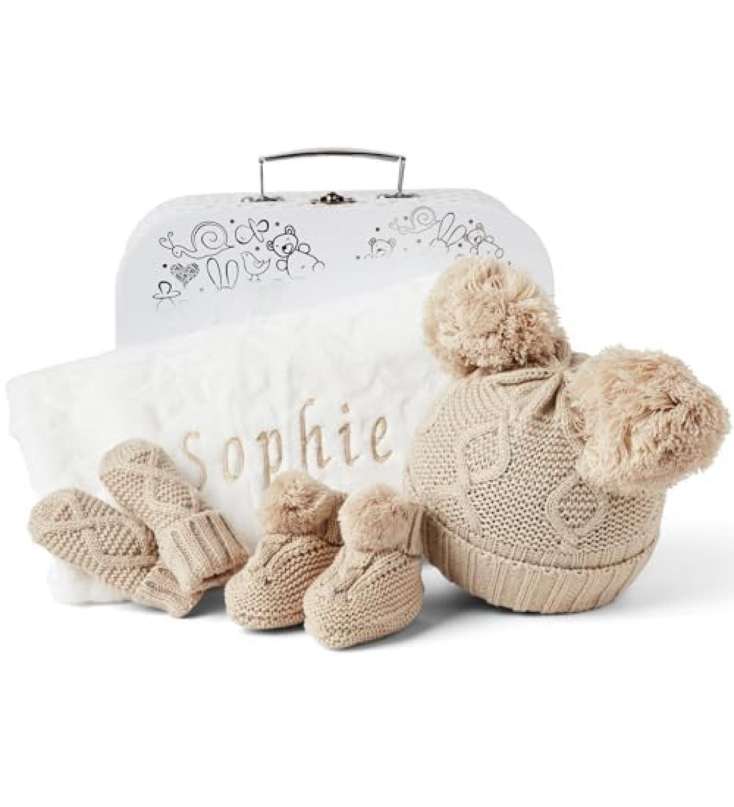 Personalised Baby Shower Gifts: Newborn Winter Warm Set with Baby Clothes, Hat, Blanket, Booties, and Gloves - Customised Beige Gifts - Buy Online on GoSupps.com