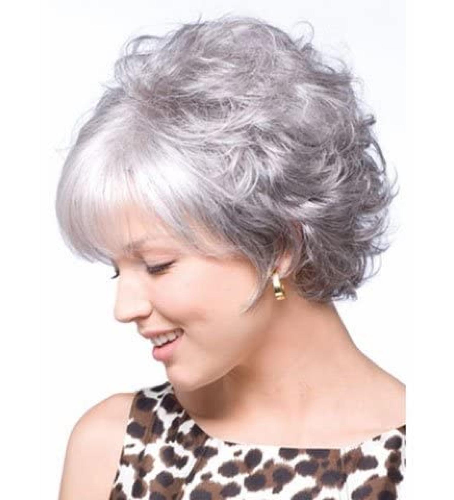 SEVENCOLORS Natural Curly Short Grey Pixie Cut Wig for White Women - Silver Synthetic Hair, White Bangs - Older Lady Wig - Buy Online on GoSupps.com