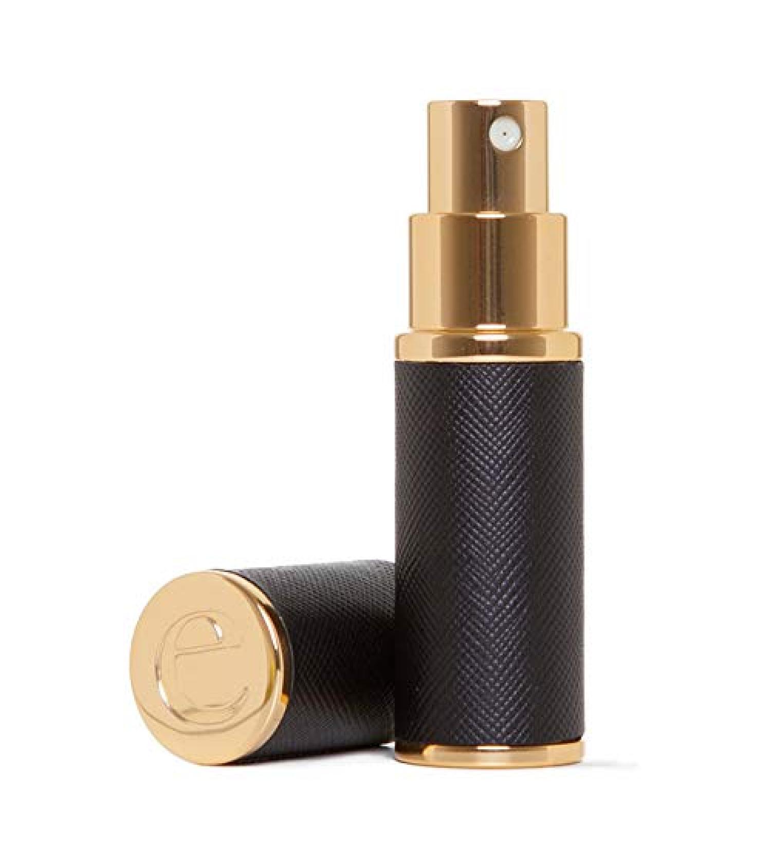 The Essential Atomizer Co. Saffiano Black Leather Perfume Refillable Travel Atomiser - Boxed (Black with Gold Metal Original) - Buy Online on GoSupps.com