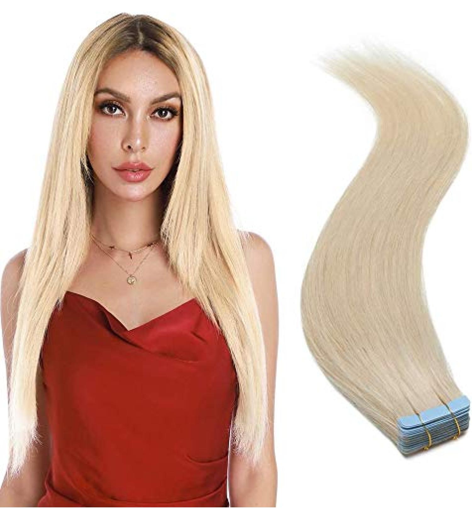 Elailite Invisible Hair Extensions - 20 Tape-Ins Remy Human Hair 45cm #60 Platinum Blonde Real Hair Quality - Buy Online on GoSupps.com