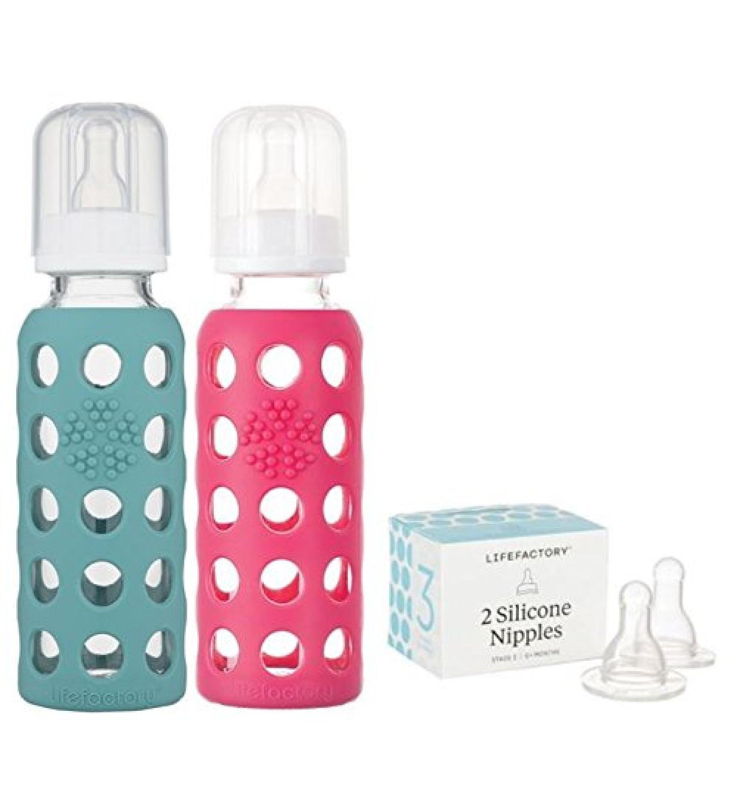Lifefactory 9oz Glass Baby Bottle 2pk Bundle with 2 Stage 3 Nipples (Kale/Raspberry) - Buy Online on GoSupps.com