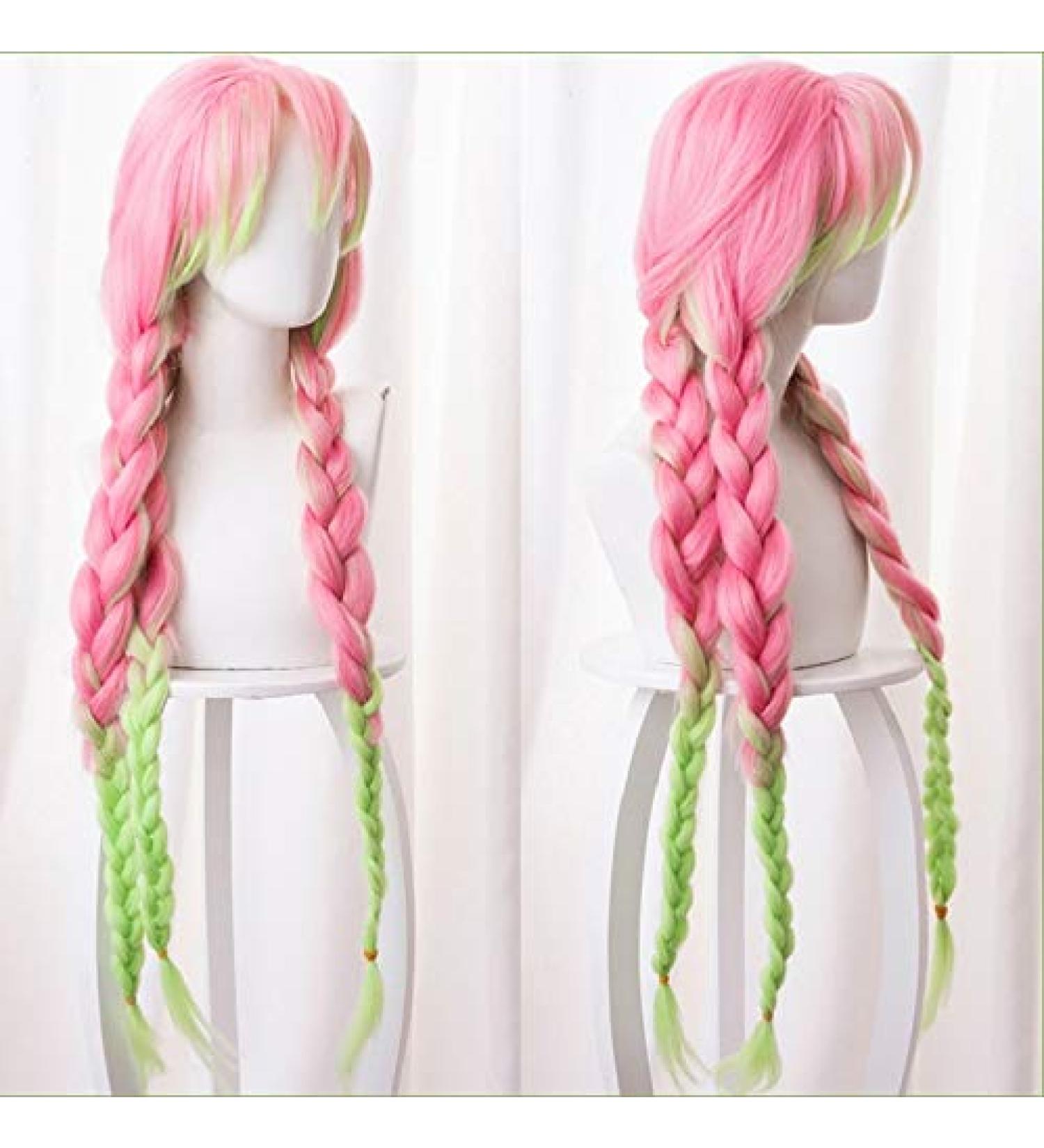 Kanroji Mitsuri Cosplay Wig - Demon Slayer Kimetsu no Yaiba Long Gradient Pink Green Ponytail with 3 Braids + Wig Cap - Buy Online on GoSupps.com