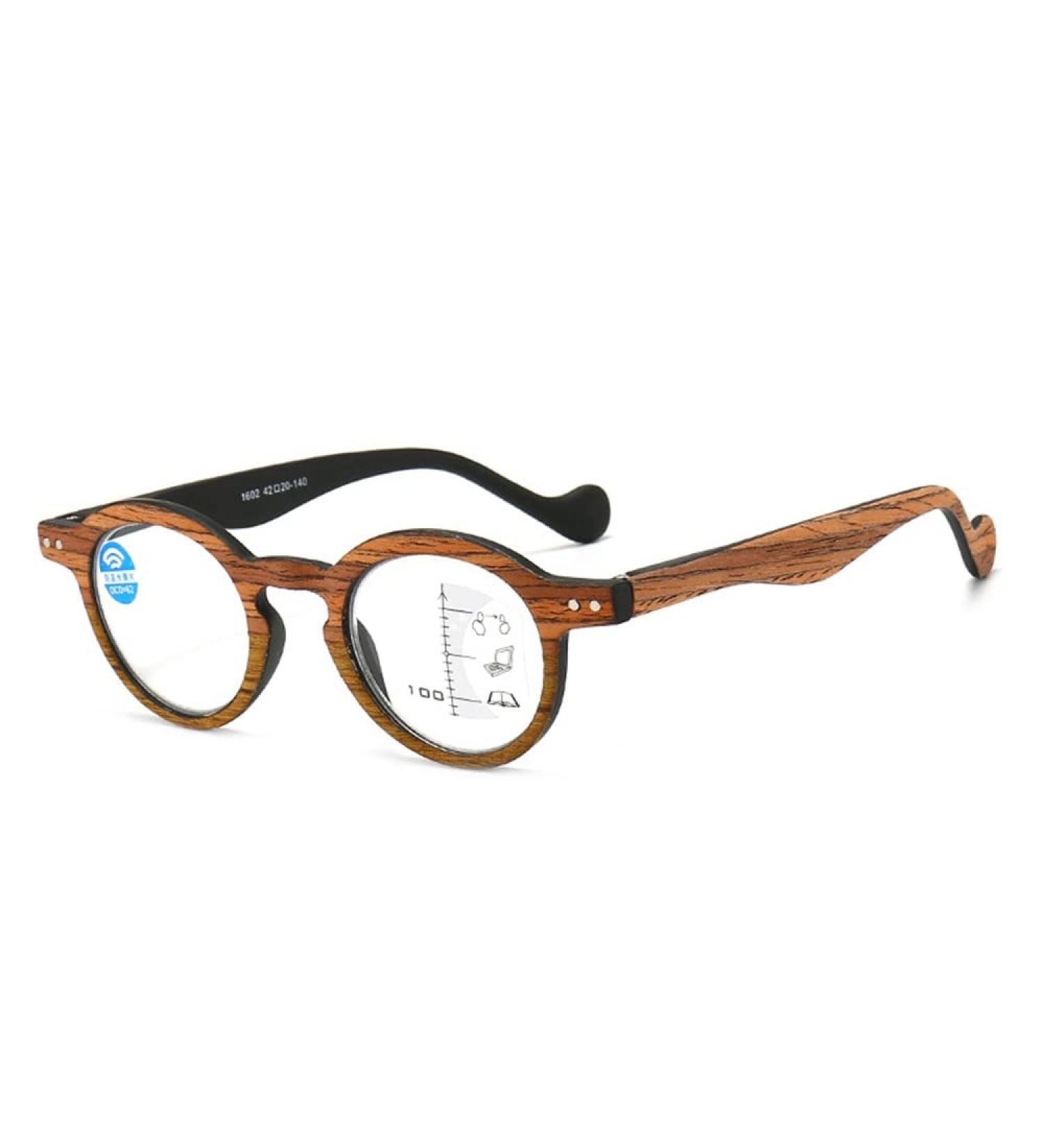 Retro Wood Grain Reading Glasses - Round Multifocus Blue Light Blockers for Men & Women +1.5 Brown - Buy Online on GoSupps.com