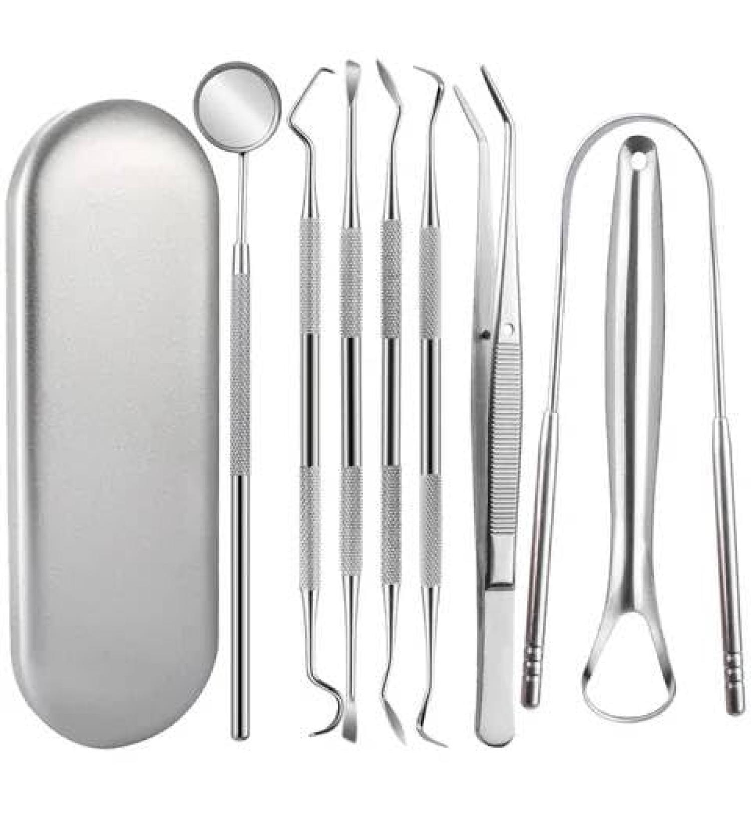 INTAHA 8-in-1 Stainless Steel Tongue Scraper for Adults Complete Dental Kit Silver