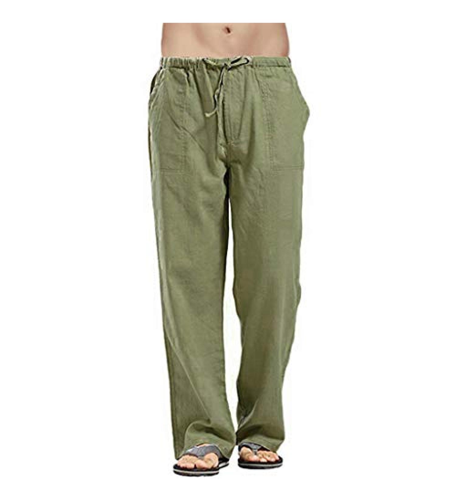 Men's Linen Beach Pants - Casual Loose Fit Lightweight Elastic Waist Trousers - Army Green - Buy Online on GoSupps.com