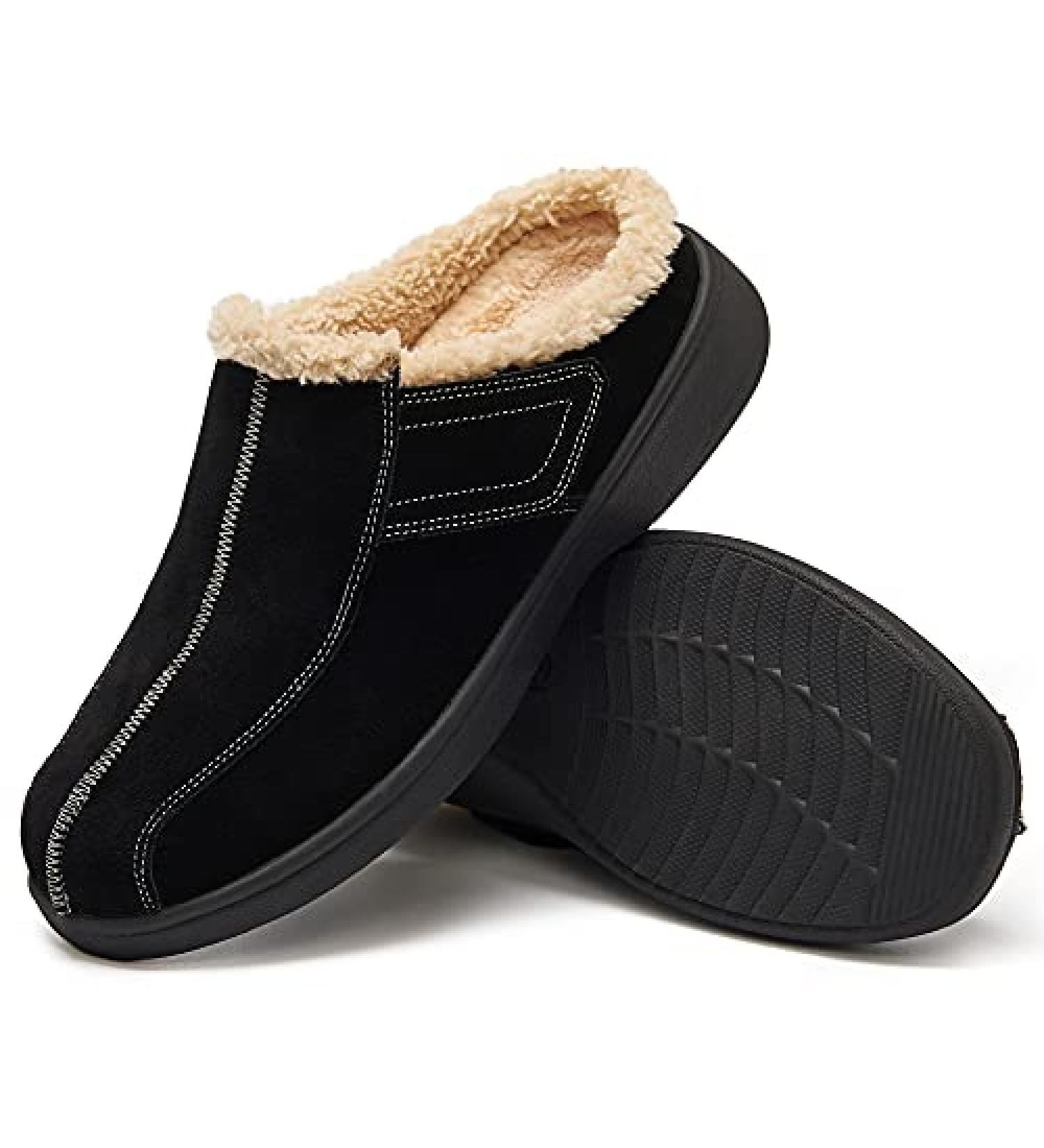 EVGLOW Men's Suede Leather House Slippers with Arch Support, Non Slip, Christmas Gift, Size US 12-12.5, All Black - Buy Online on GoSupps.com