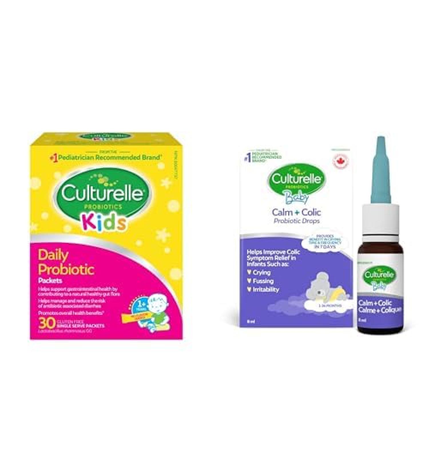 Culturelle Kids Daily Probiotic Packets for Kids 30ct + Culturelle Baby Calm Plus Colic Probiotics for Babies Drops