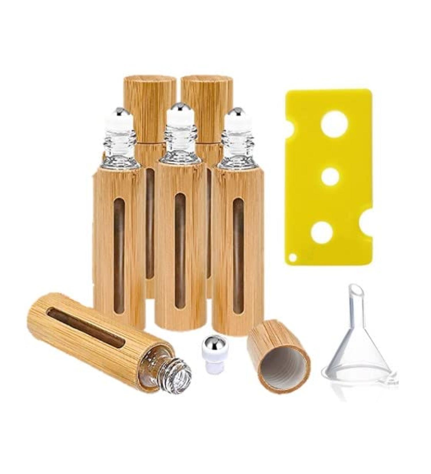 10ml Bamboo Roller Bottles Empty Refillable Essential Oil Roll-on Bottle Cosmetic Storage Vial Container with Stainless Steel Roller Ball and Window for Essential Oil (6 Pack Rollers and Accesories)