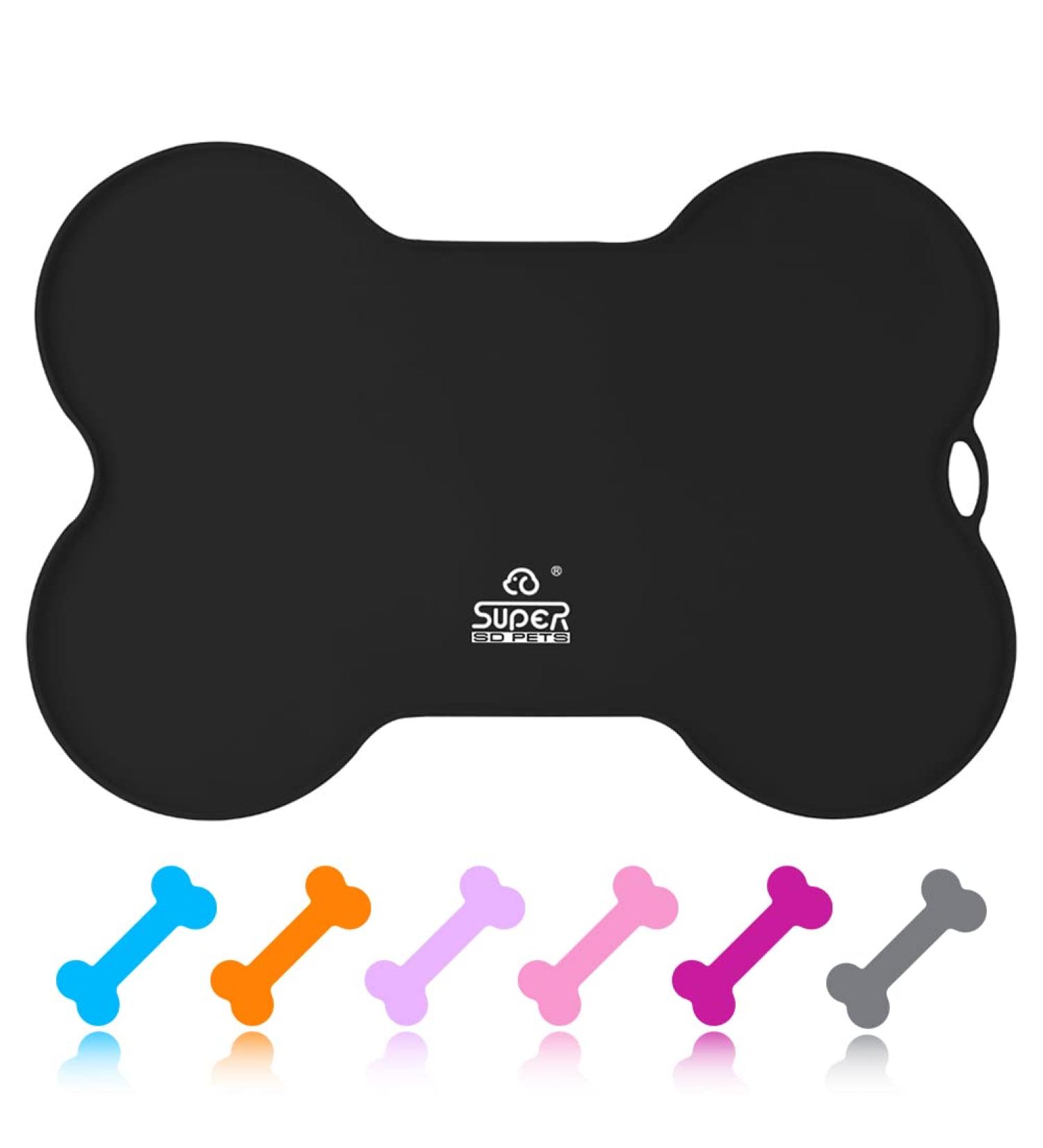 Waterproof Silicone Dog Food Mat | Non-Slip Pet Feeding Mat | Non-Spill Puppy Dish Tray | Bone-Shaped Black Mat - Small/Medium/Large - Buy Online on GoSupps.com