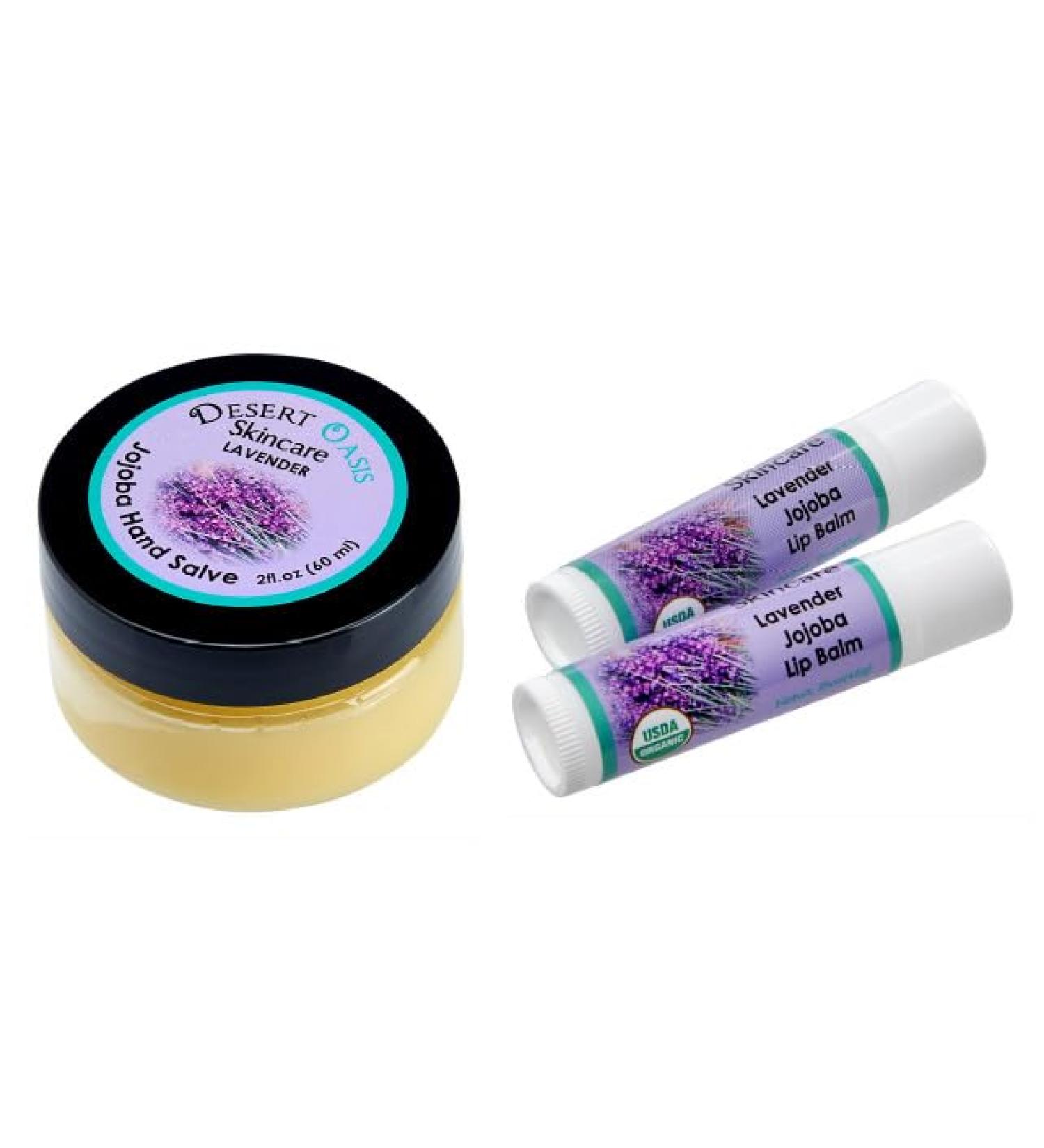 Lavender Hand Salve with over 50% Jojoba Oil plus 2 Organic Lavender Lip Balms with over 70% Jojoba Oil. 100% Natural. By Desert Oasis Skincare (1 fl oz/29 ml) - Buy Online on GoSupps.com