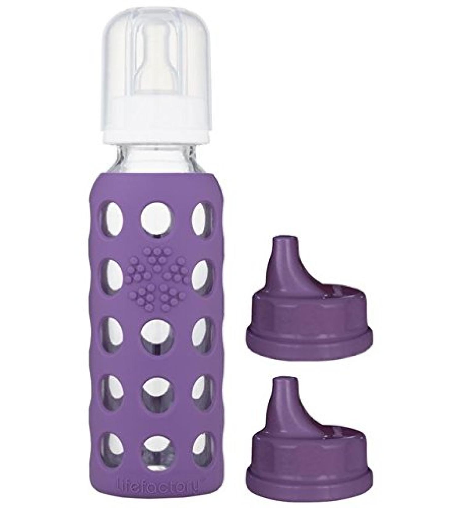 Lifefactory Glass Baby Bottle 9oz with 2 Transitioning Sippy Caps - Grape - Buy Online on GoSupps.com