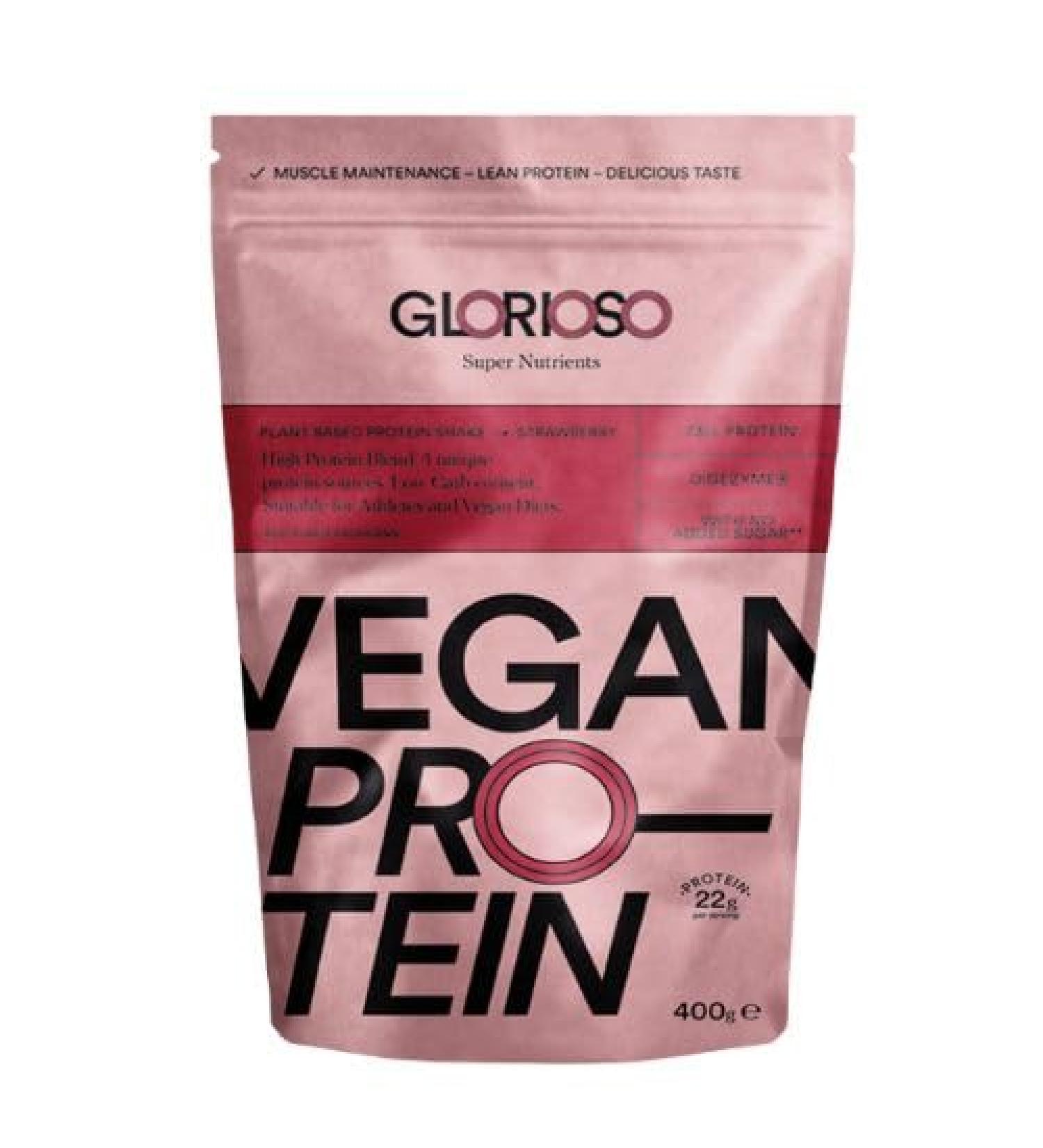 Vegan protein powder strawberry flavor 100 400 g ideal for diets for increasing or maintaining muscle mass lactose and gluten free Glorioso Super Nutrients
